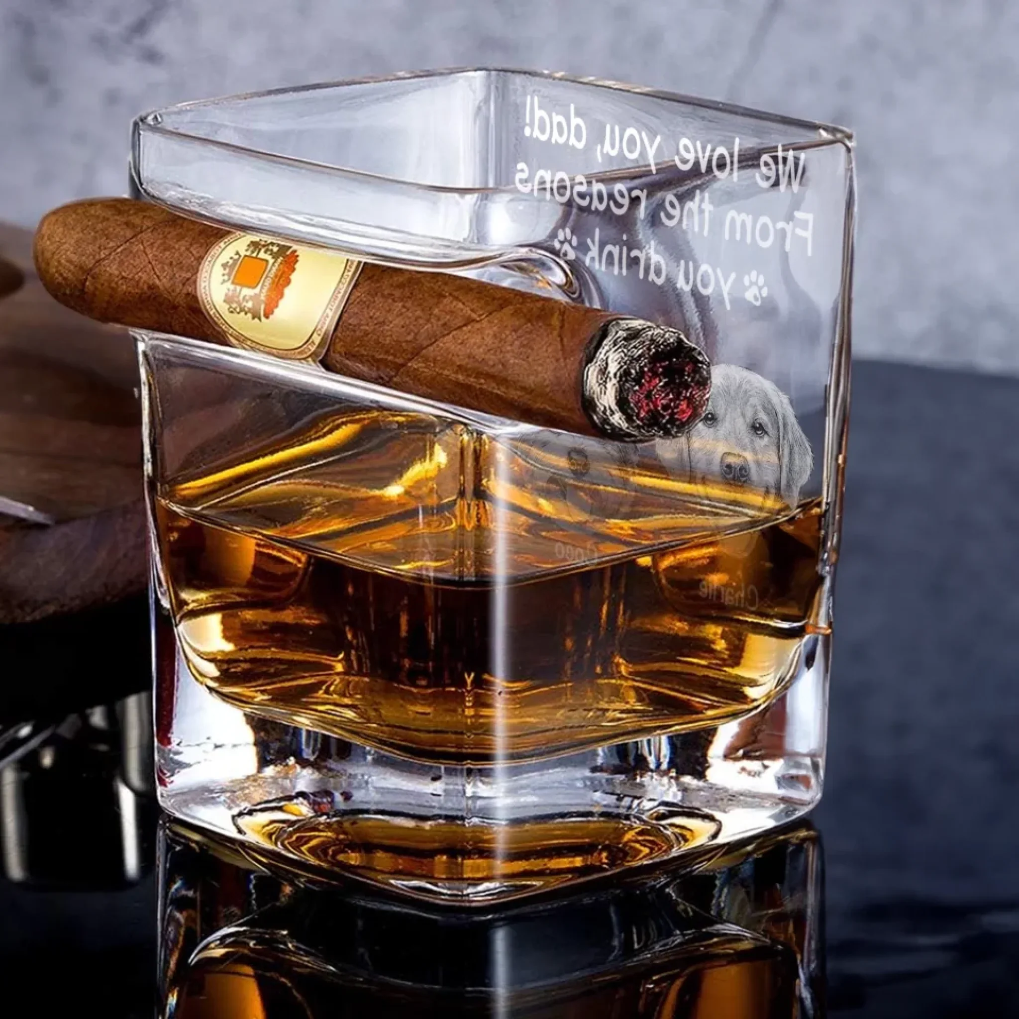 Custom Photo From The Reasons You Drink - Dog & Cat Personalized Custom Whiskey Glass With Cigarette Holder - Father's Day,  Gift For Dad, Pet Owners, Pet Lovers - Image 4
