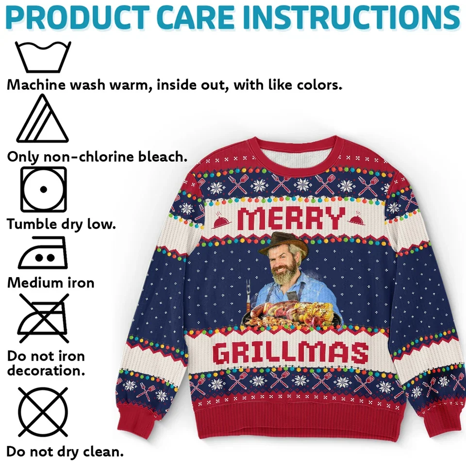 Custom Photo Grilling Up Some Holiday Cheer - Personalized Custom Ugly Sweatshirt - Unisex Wool Jumper - Christmas Gift For Dad, Grandpa, Husband - Image 5