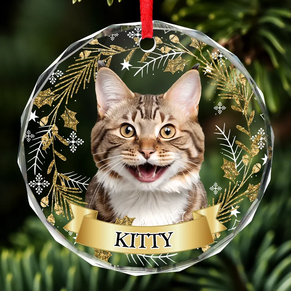Custom Photo Happiness Is A Purring Kitty - Dog & Cat Personalized Custom Circle Glass Ornament - Christmas Gift For Pet Owners, Pet Lovers - Image 3