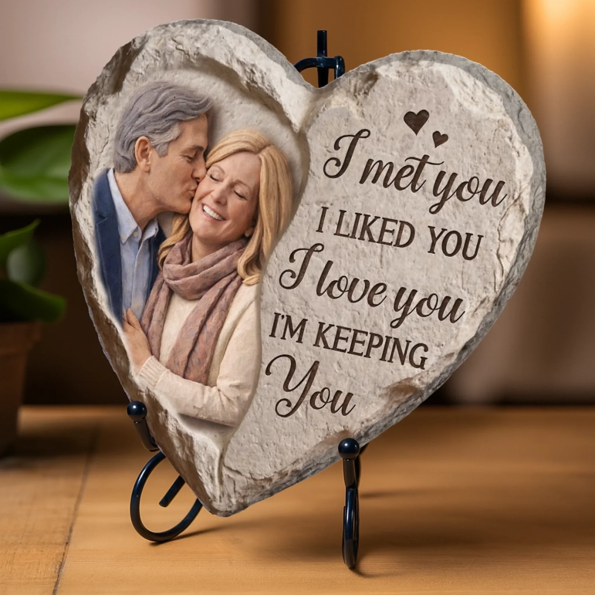 Custom Photo Heart Shaped Stone With Stand - Personalized Anniversary Wedding Gifts For Husband And Wife, Him And Her - Side By Side Feels Right - Image 3