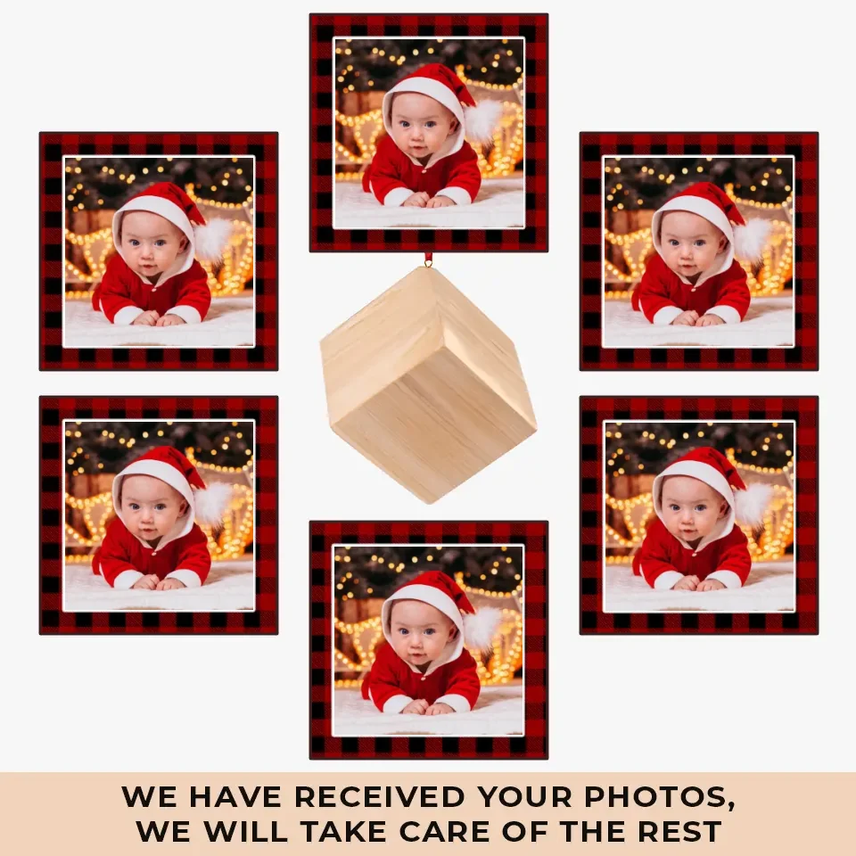 Custom Photo Here Comes The Sunshine Of Our Family - Family Personalized Custom Wooden Cube Ornament - Christmas Gift For Baby Kids, Newborn Baby - Image 2