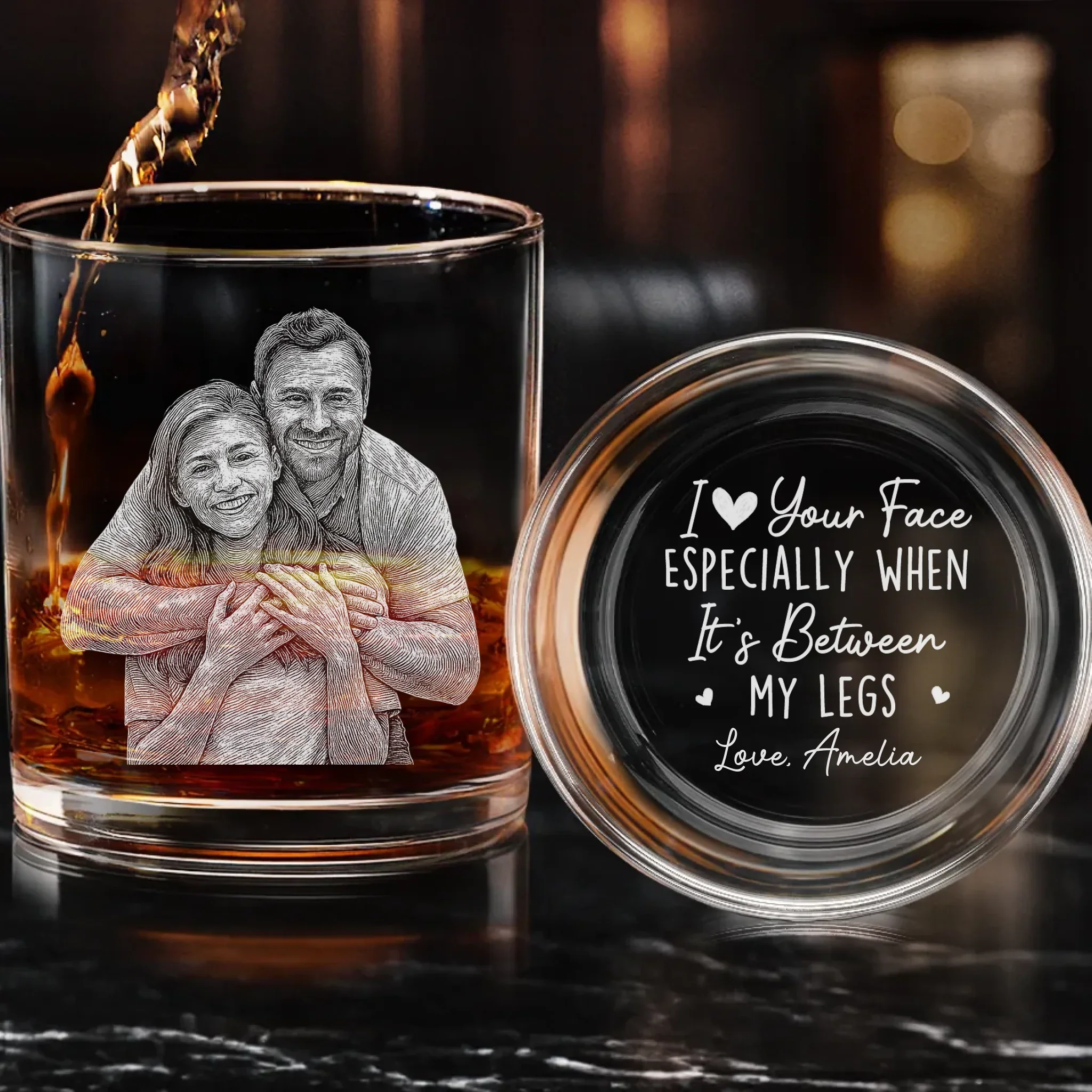 Custom Photo I Love Your Face - Couple Personalized Custom Whiskey Glass With Bottom And Side Engraving - Gift For Husband Wife, Anniversary - Image 2