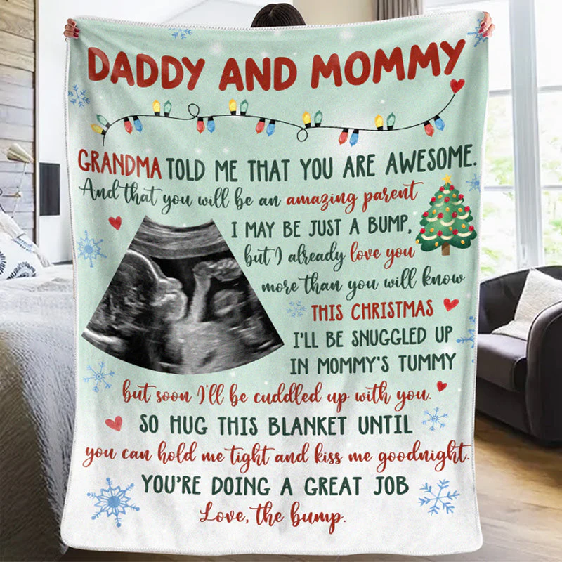 Custom Photo I May Be Just A Bump - Family Personalized Custom Baby Blanket - Baby Shower Gift, First Christmas Gift, Christmas Gift For First Mom - Image 2