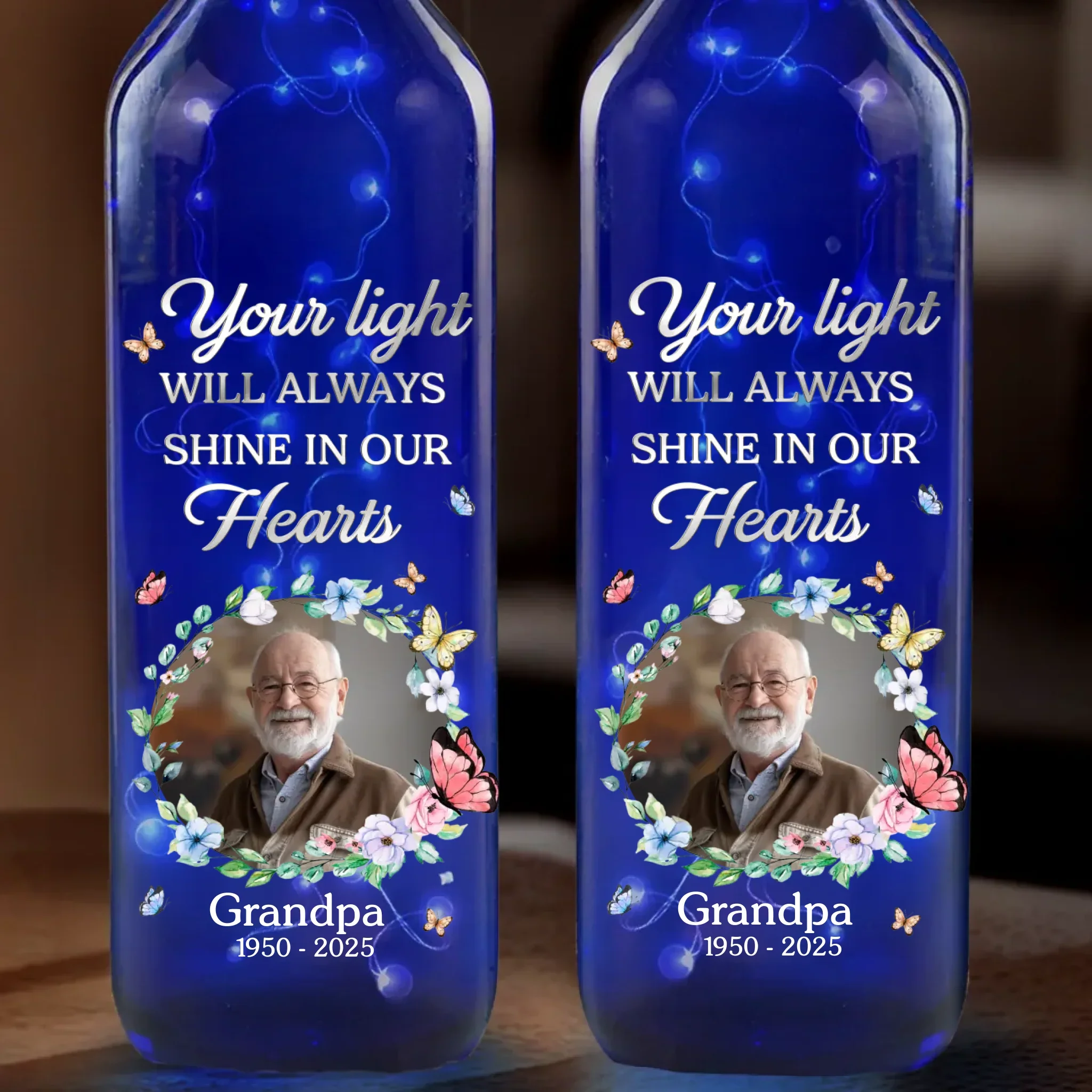 Custom Photo In Loving Memory, A Light That Never Dims - Memorial Personalized Custom Blue Bottle Lamp - Sympathy Gift For Family Members - Image 2