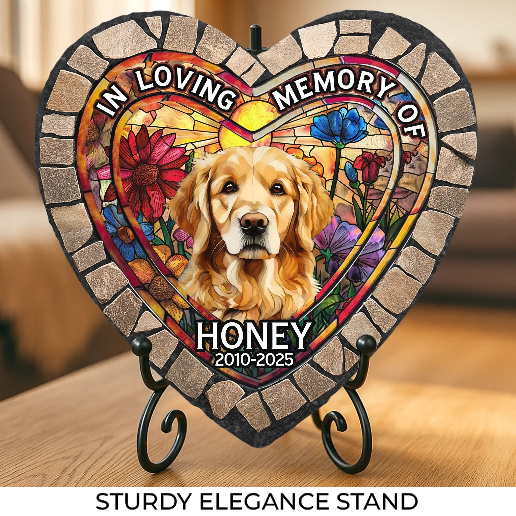 Custom Photo In Loving Memory Of - Memorial Personalized Custom 3D Mosaic Faux Stained Glass Print Heart Shaped Stone With Stand - Sympathy Gift For Pet Owners, Pet Lovers - Image 2