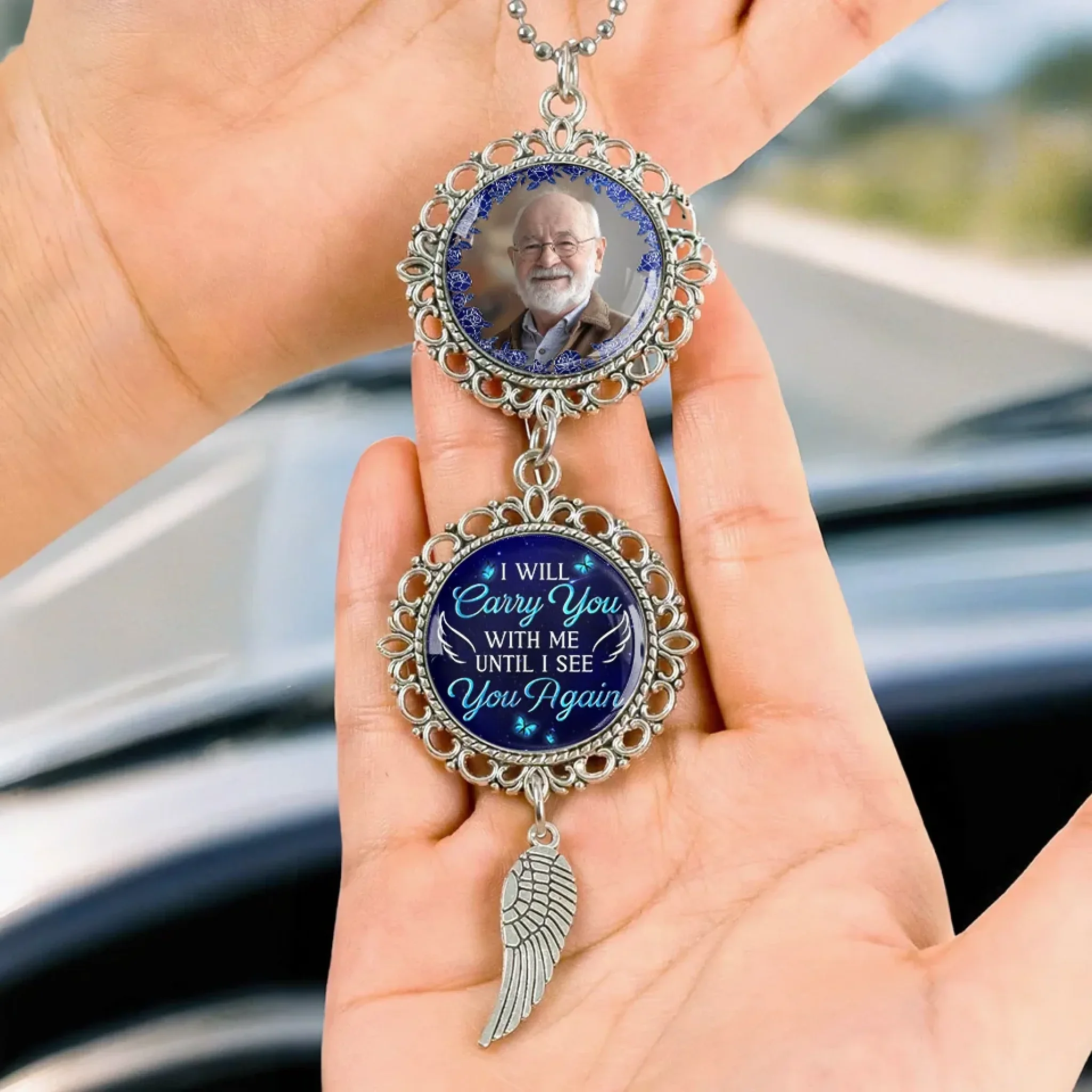 Custom Photo In My Heart, We Never Say Goodbye - Memorial Personalized Custom Metal Car Hanging Ornament With Charm - Sympathy Gift For Family Members - Image 3