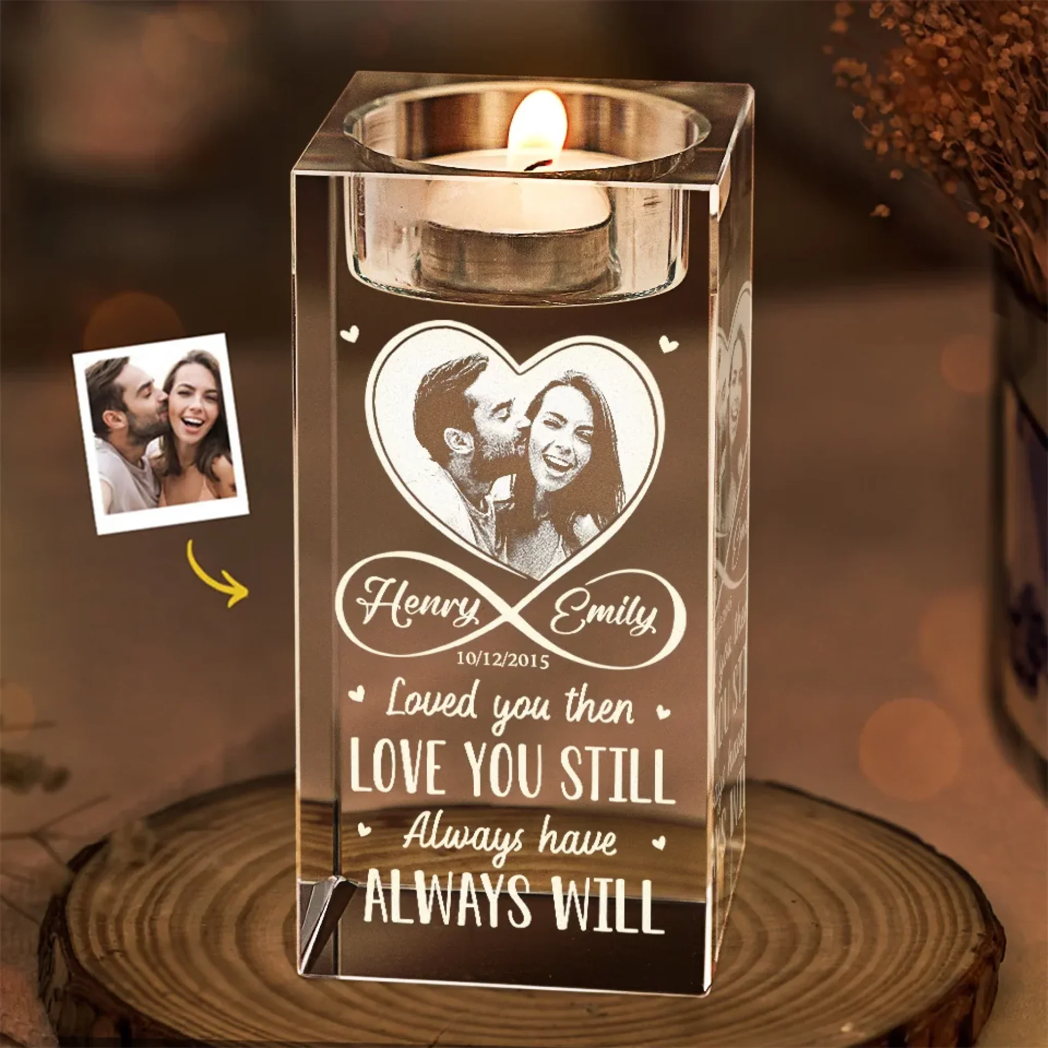 Custom Photo In Your Light, I Find Love	 - Couple Personalized Custom 3D Crystal Photo Laser Engraved, Crystal Candle Holder - Gift For Husband Wife, Anniversary