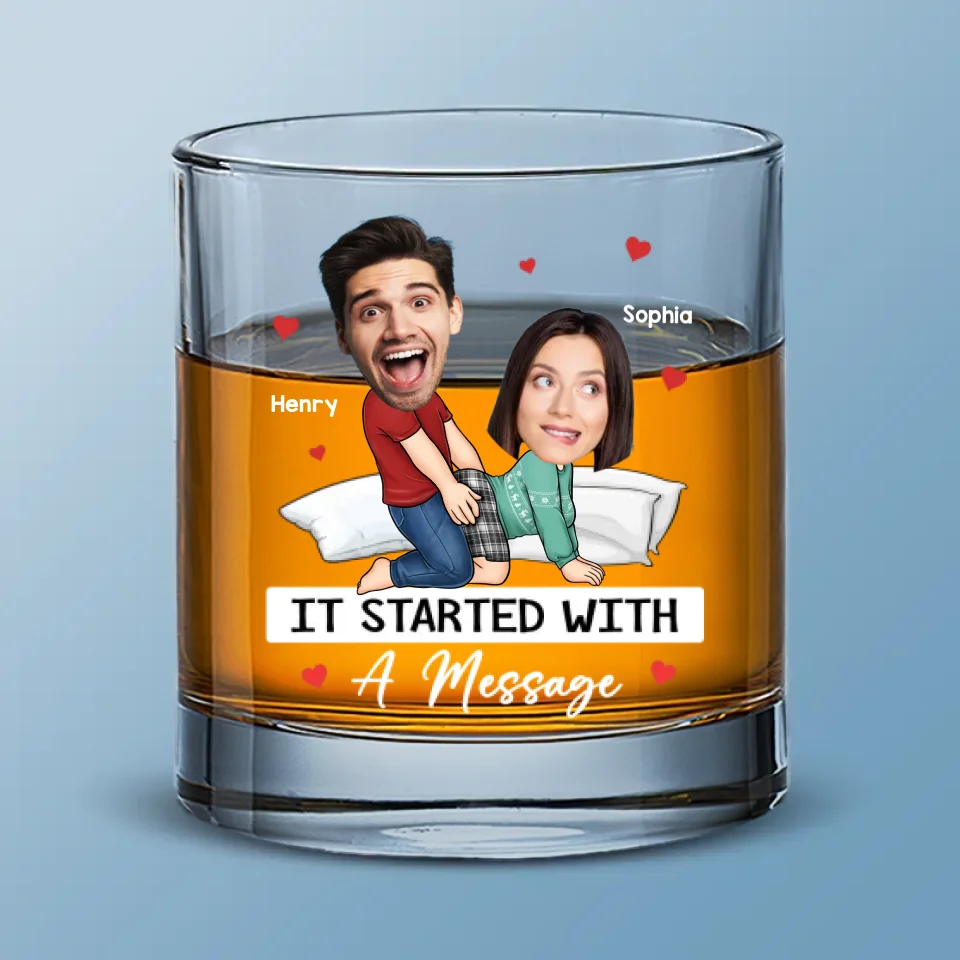 Custom Photo It Started With A Message - Couple Personalized Custom Whiskey Glass - Gift For Husband Wife, Anniversary - Image 2