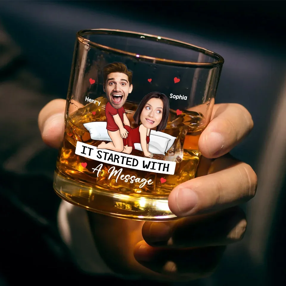 Custom Photo It Started With A Message - Couple Personalized Custom Whiskey Glass - Gift For Husband Wife, Anniversary - Image 3