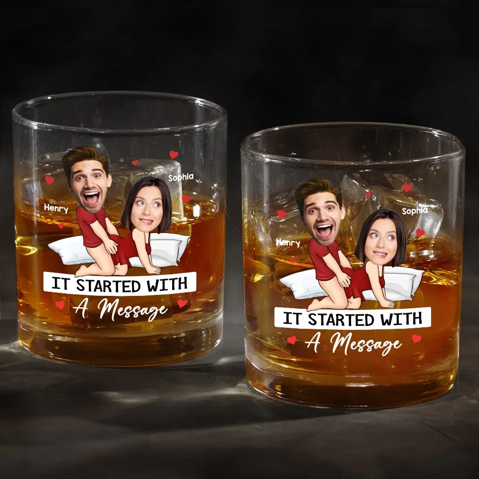 Custom Photo It Started With A Message - Couple Personalized Custom Whiskey Glass - Gift For Husband Wife, Anniversary - Image 4
