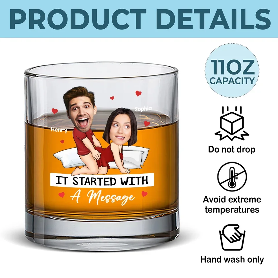 Custom Photo It Started With A Message - Couple Personalized Custom Whiskey Glass - Gift For Husband Wife, Anniversary - Image 5