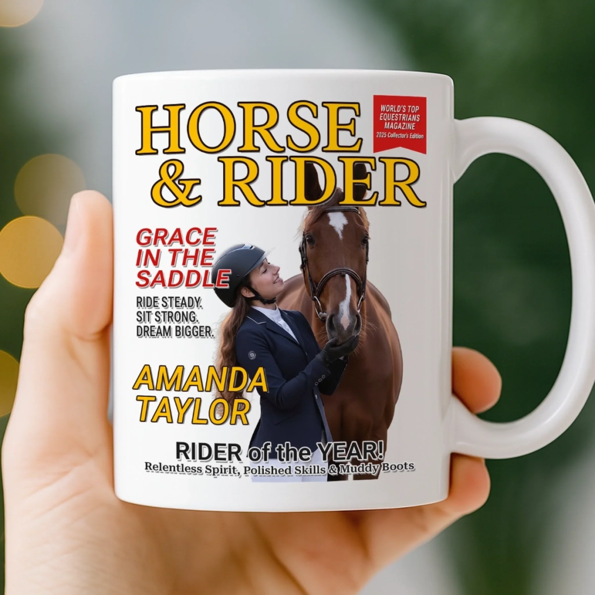 Custom Photo Magazine Mug - Personalized Christmas Birthday Gifts For Men and Women, Horse Lovers - Grace In The Saddle - Image 3