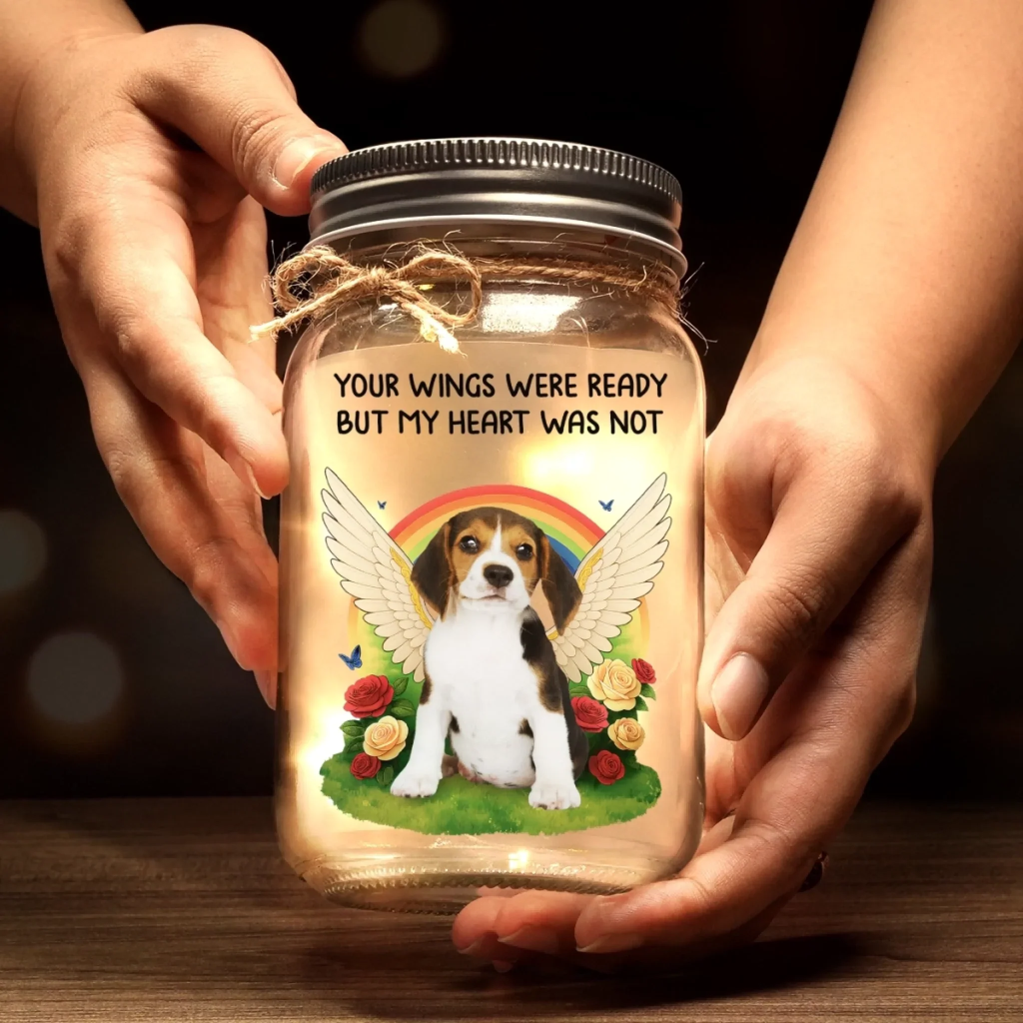 Custom Photo Mason Jar Light - Personalized Pet Christmas Memorial Sympathy Gifts For Dogs, Cats - Together Beyond The Rainbow - Image 3