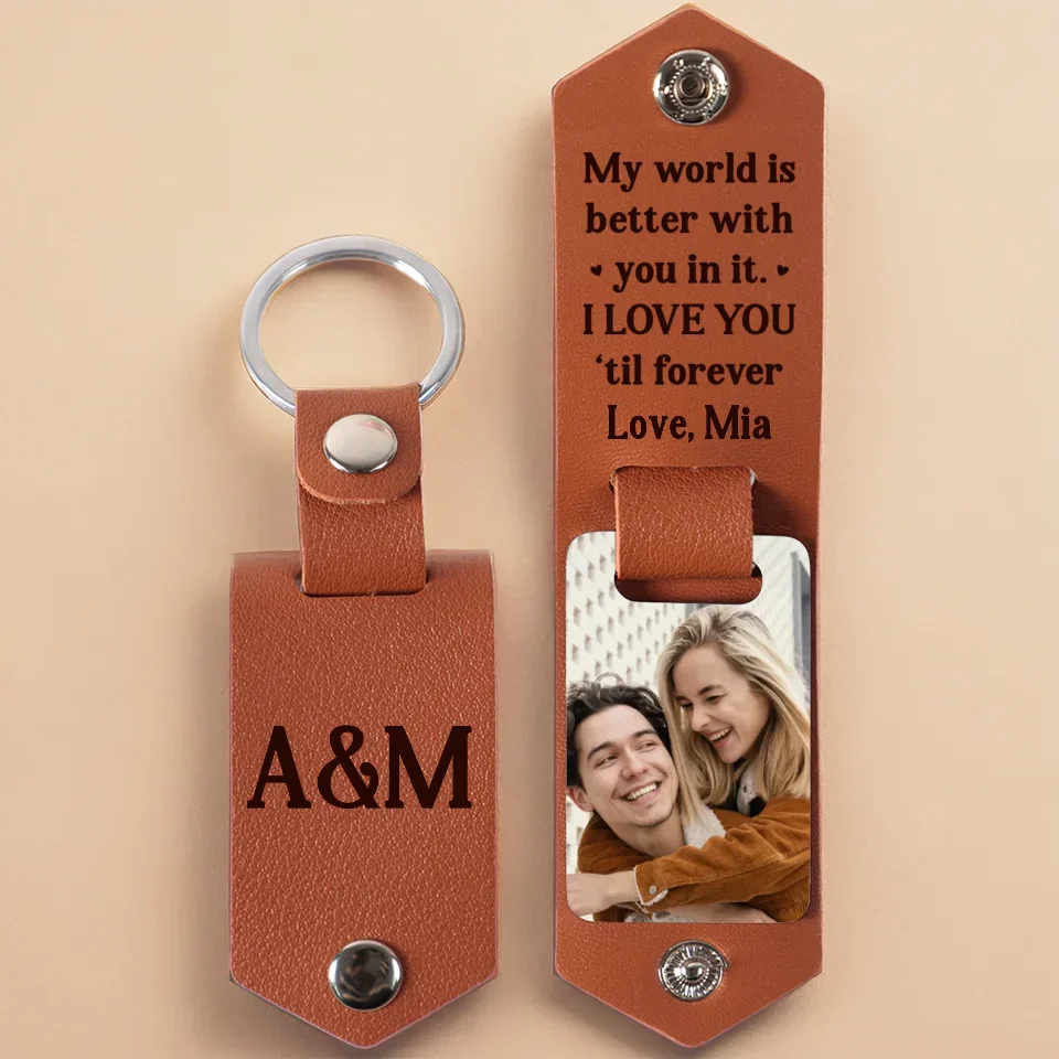 Custom Photo My World Is Better With You In It - Couple Personalized Custom Engraved Leather Keychain - Gift For Husband Wife, Anniversary - Image 2