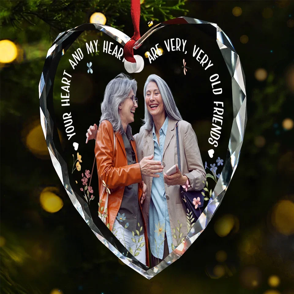 Custom Photo Old Friends Are Treasures Built Over Time - Bestie Personalized Custom Heart Glass Ornament - Christmas Gift For Best Friends, BFF, Sisters - Image 3