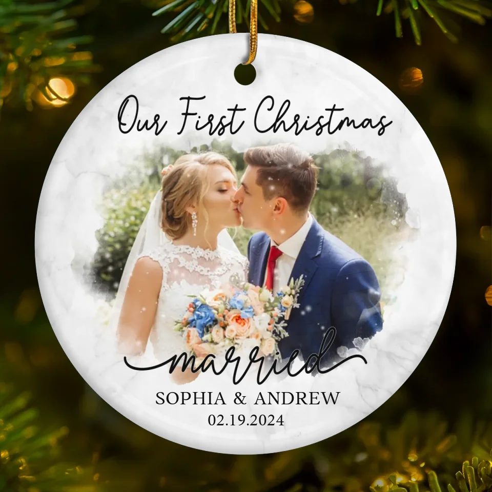 Custom Photo Our First Christmas As A Family Of Three - Couple Personalized Custom Ornament - Ceramic Round Shaped - Christmas Gift For Husband Wife, Anniversary, First Christmas - Image 2