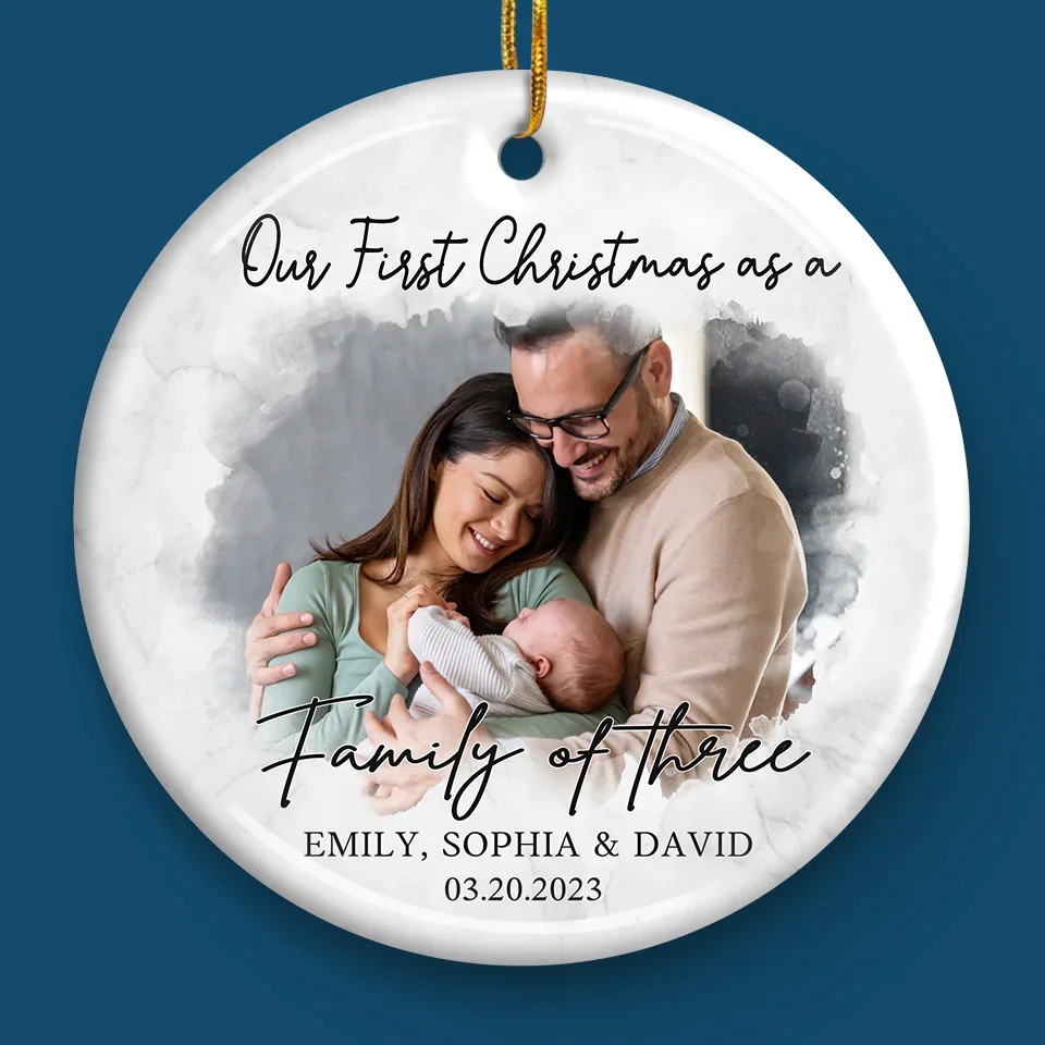 Custom Photo Our First Christmas As A Family Of Three - Couple Personalized Custom Ornament - Ceramic Round Shaped - Christmas Gift For Husband Wife, Anniversary, First Christmas - Image 4