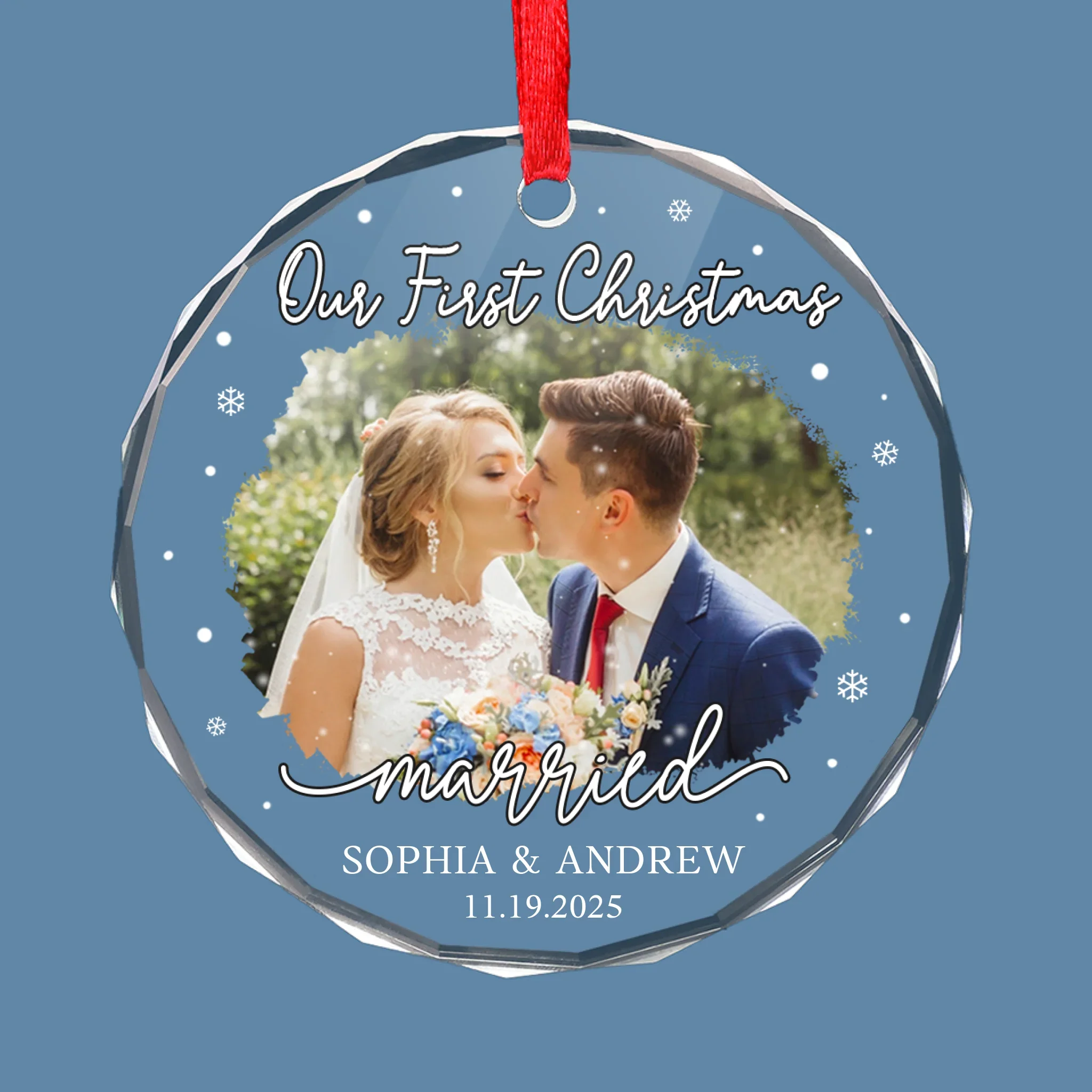 Custom Photo Our First Christmas As Mr & Mrs - Couple Personalized Custom Circle Glass Ornament - Christmas Gift For Husband Wife, Anniversary, First Christmas - Image 2