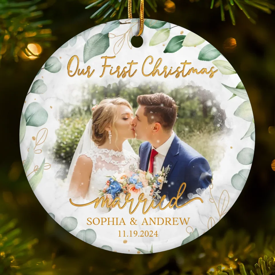 Custom Photo Our First Christmas Married - Couple Personalized Custom Ornament - Ceramic Round Shaped - Christmas Gift For Husband Wife, Anniversary, First Christmas - Image 2