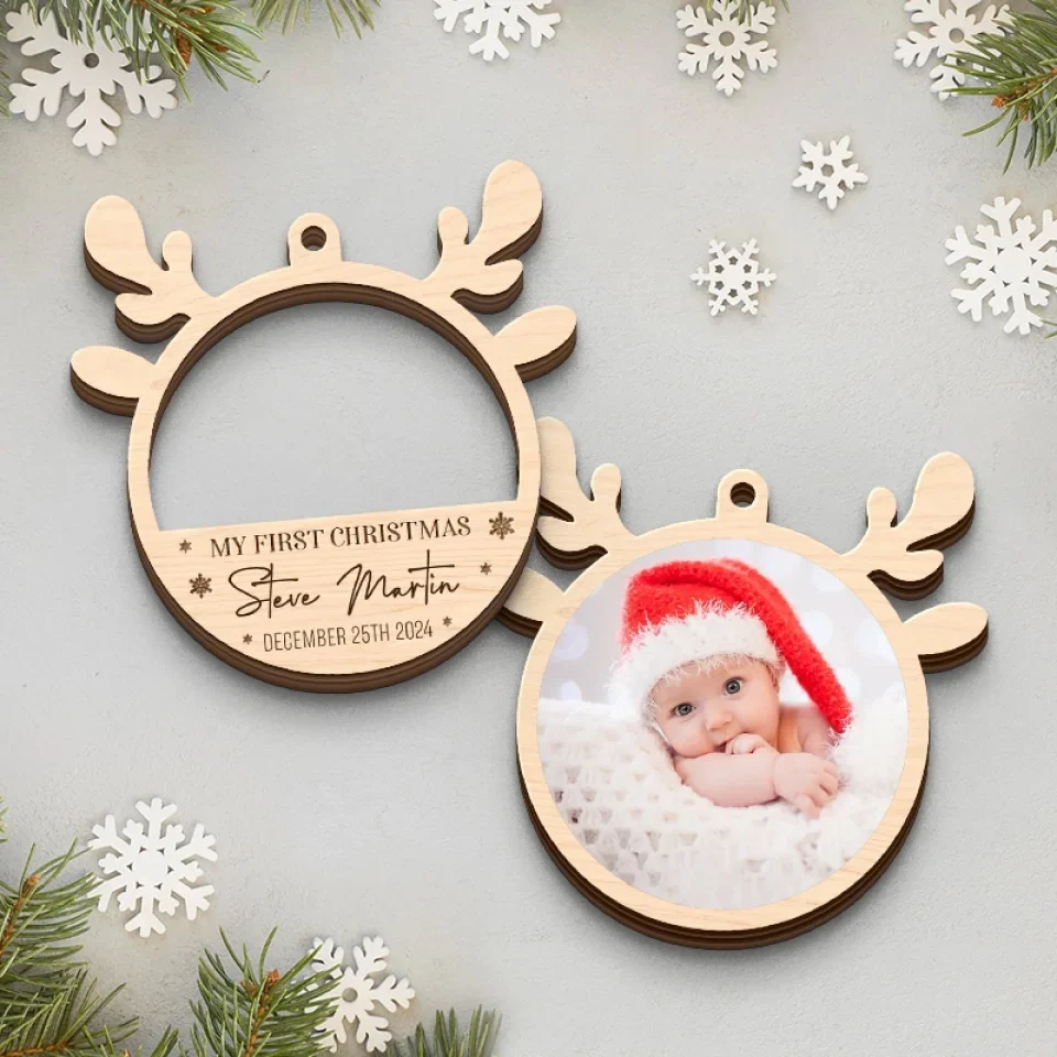 Custom Photo Our Little Reindeer Is Ready For Their First Sleigh Ride! - Family Personalized Custom Shaped 2 Layered Wood Christmas Ornament - Christmas Gift For Baby Kids, Newborn Baby - Image 4