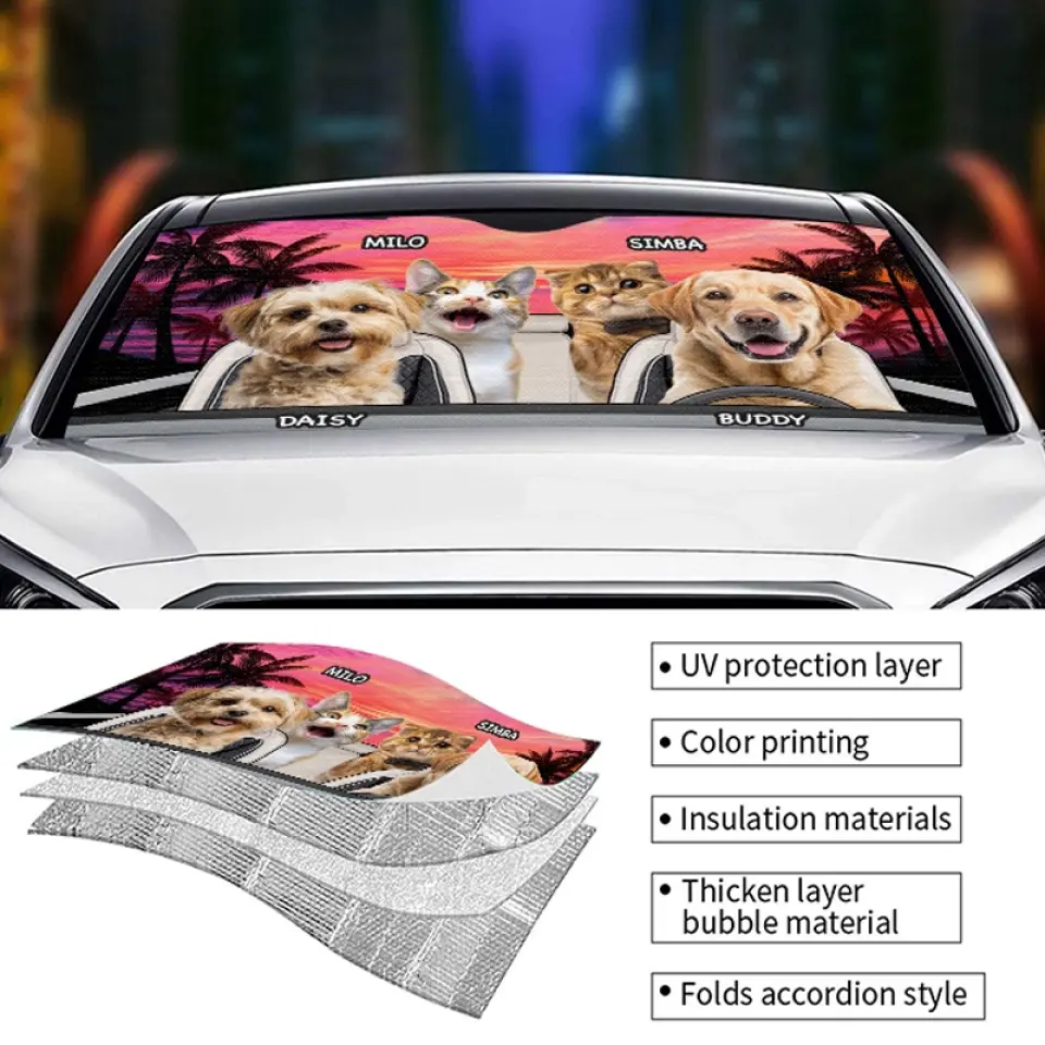 Custom Photo Pet Happy Journey In Sunset - Dog & Cat Personalized Custom Auto Windshield Sunshade, Car Window Protector - Gift For Pet Owners, Pet Lovers - Image 4
