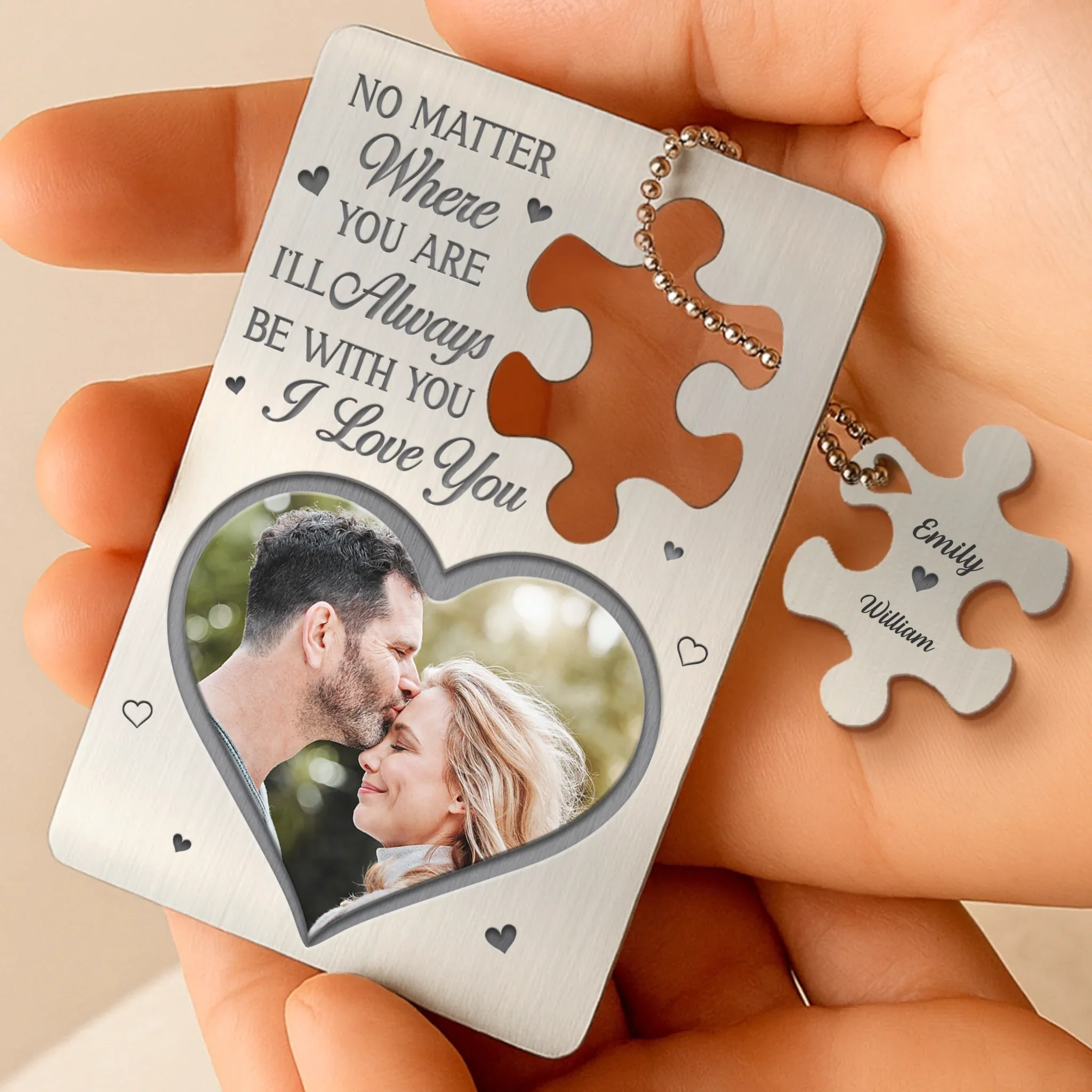 Custom Photo Piece By Piece, You Complete Me - Couple Personalized Custom Metal Wallet Card With Charm - Gift For Husband Wife, Anniversary - Image 2