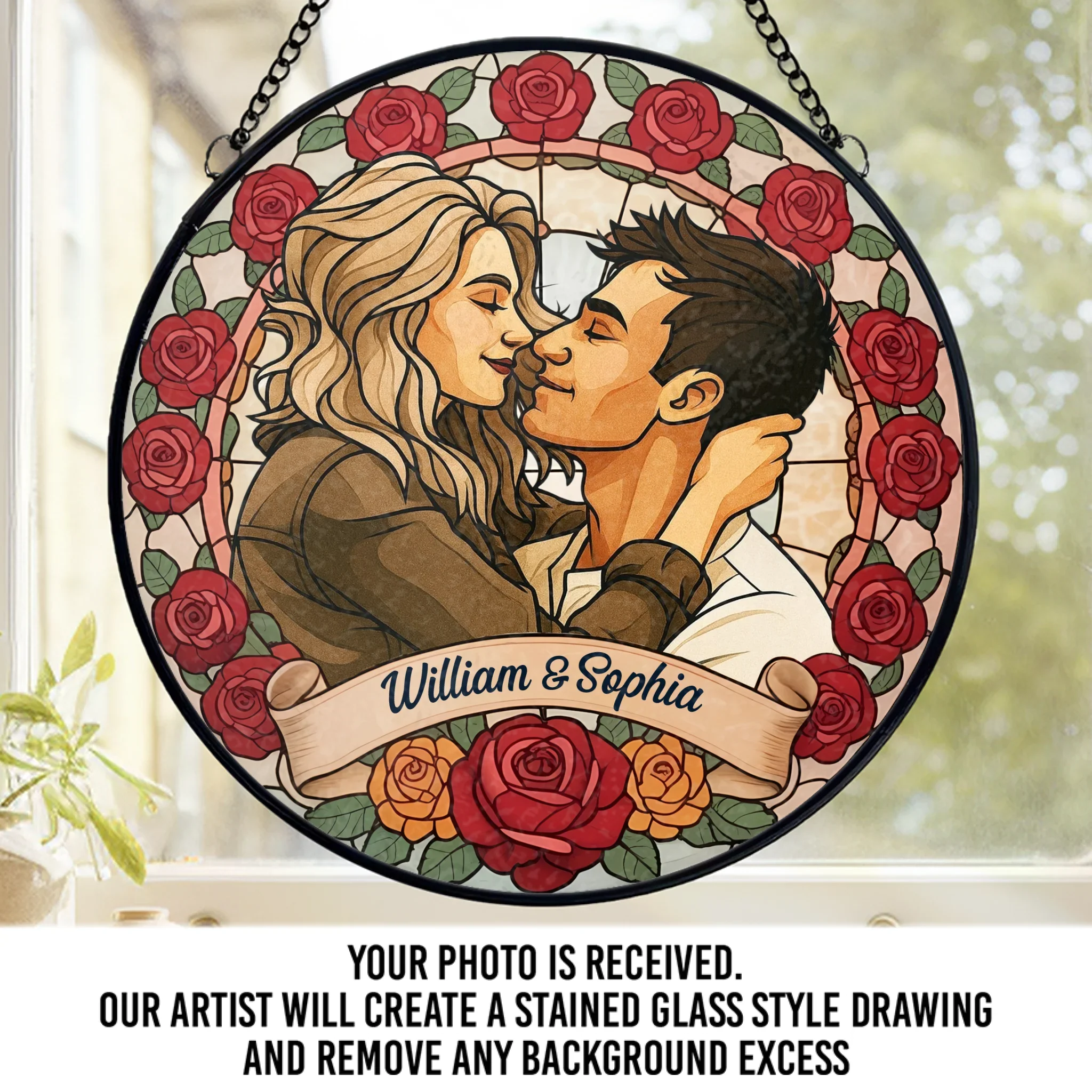 Custom Photo Stained Glass Window Hanging Suncatcher - Personalized Anniversary Wedding Gifts For Husband And Wife, Him And Her - A Love Framed In Roses - Image 2