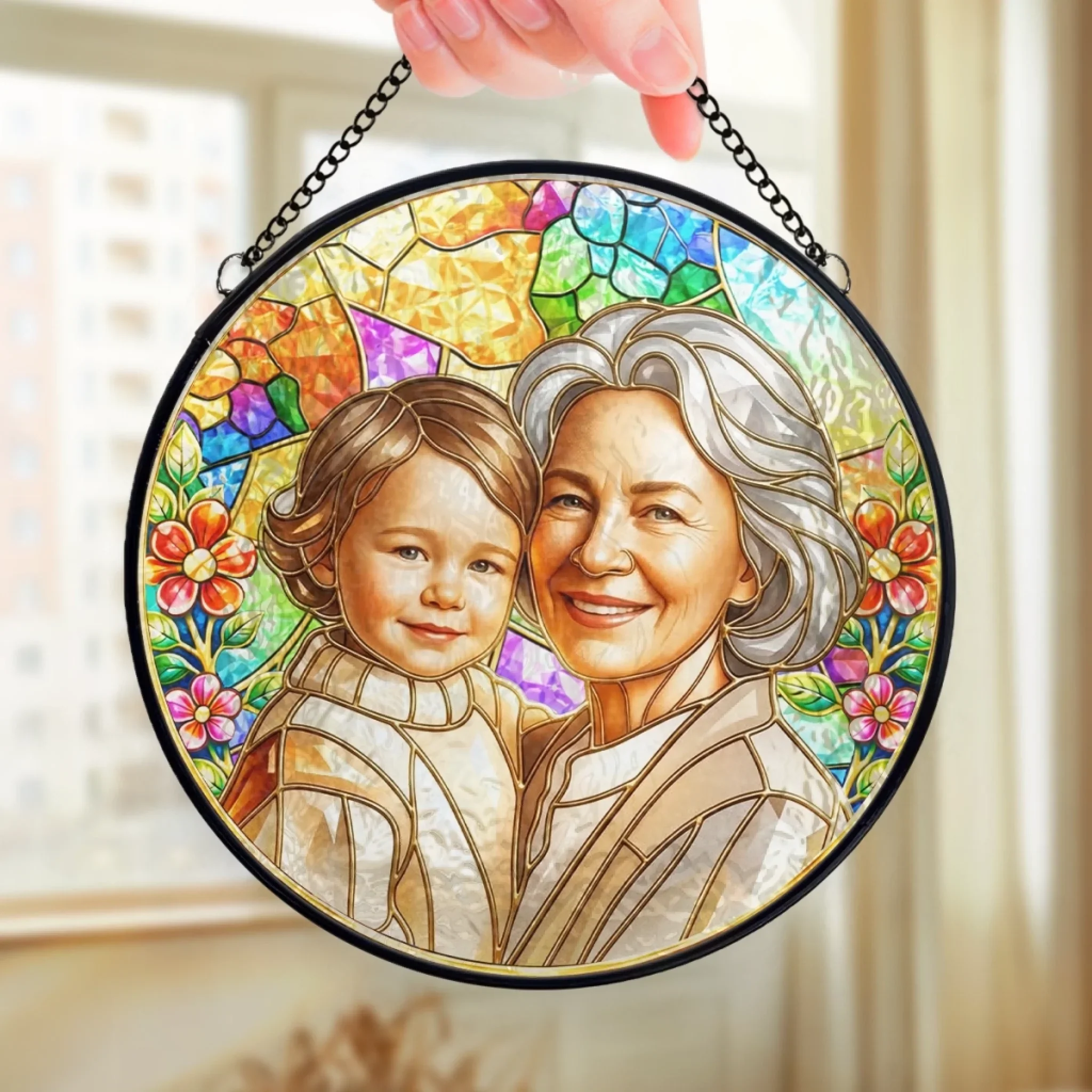 Custom Photo Stained Glass Window Hanging Suncatcher - Personalized Mother's Day Gifts For Mom, Grandma - Grandma’s Love, Forever Glowing - Image 4
