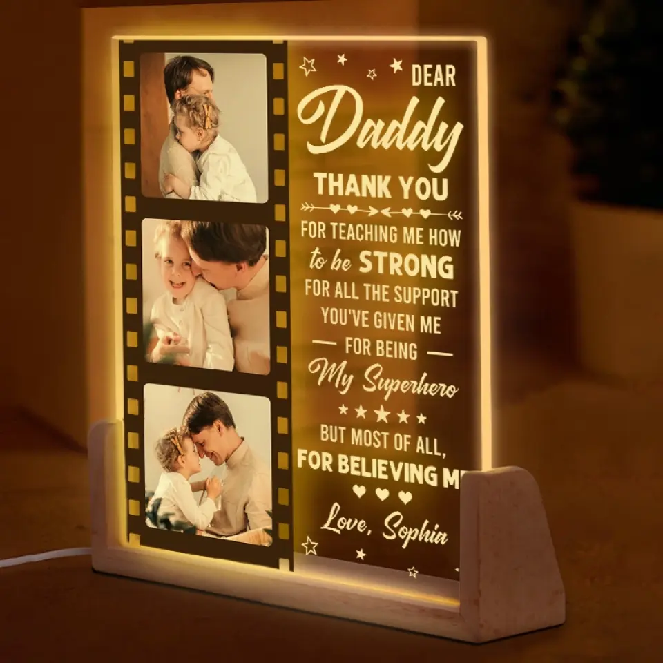 Custom Photo Thank You Daddy For Teaching Me How To Be Strong - Family Personalized Custom Shaped 3D LED Walnut Night Light -  Father's Day, Birthday Gift For Dad - Image 3