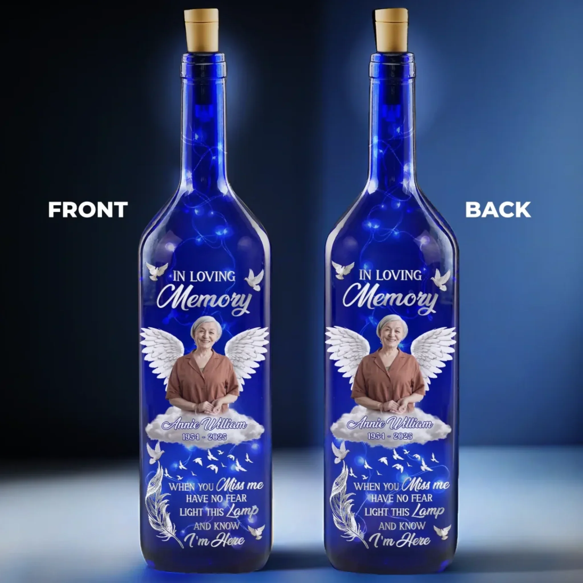 Custom Photo Though You Are Gone, Your Love Will Stay - Memorial Personalized Custom Blue Bottle Lamp - Sympathy Gift For Family Members - Image 4