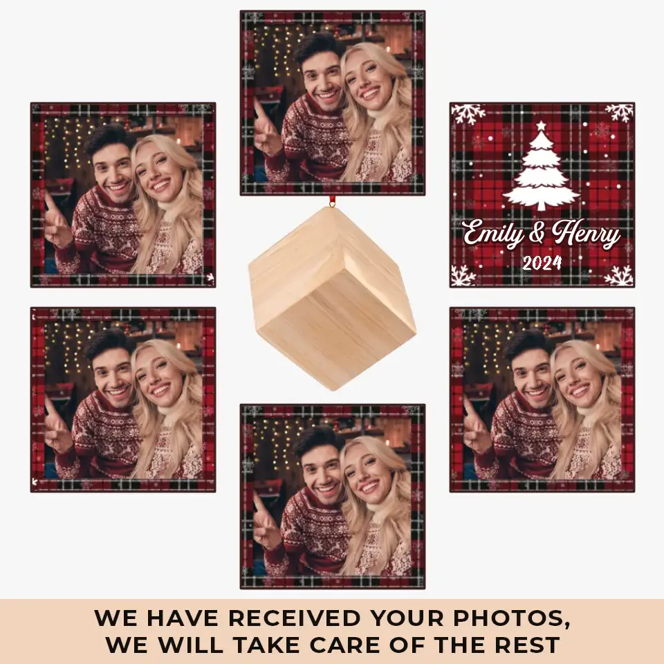 Custom Photo Under The Mistletoe - Couple Personalized Custom Wooden Cube Ornament - Christmas Gift For Husband Wife, Anniversary - Image 2