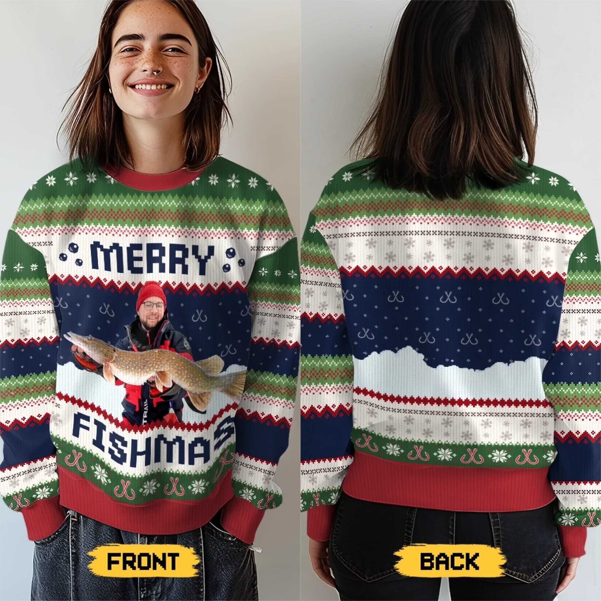 Custom Photo Unisex Ugly Sweatshirt - Personalized Christmas Birthday Fishing Gifts For Fisherman - Merry Fishman - Image 4