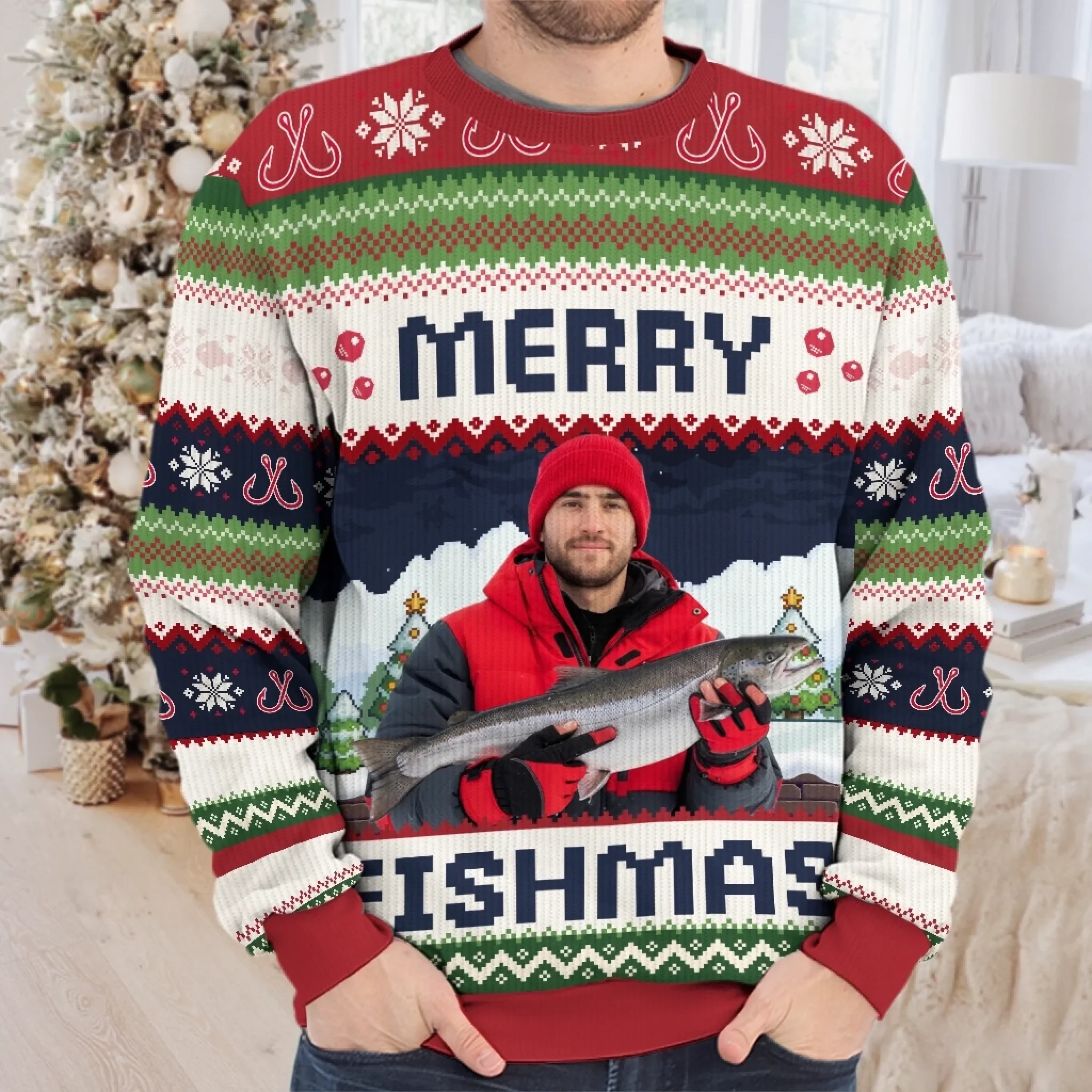 Custom Photo Unisex Ugly Sweatshirt - Personalized  Christmas Birthday Fishing Gifts For Fisherman - This Fishmas, I’m The Real Catch - Image 3