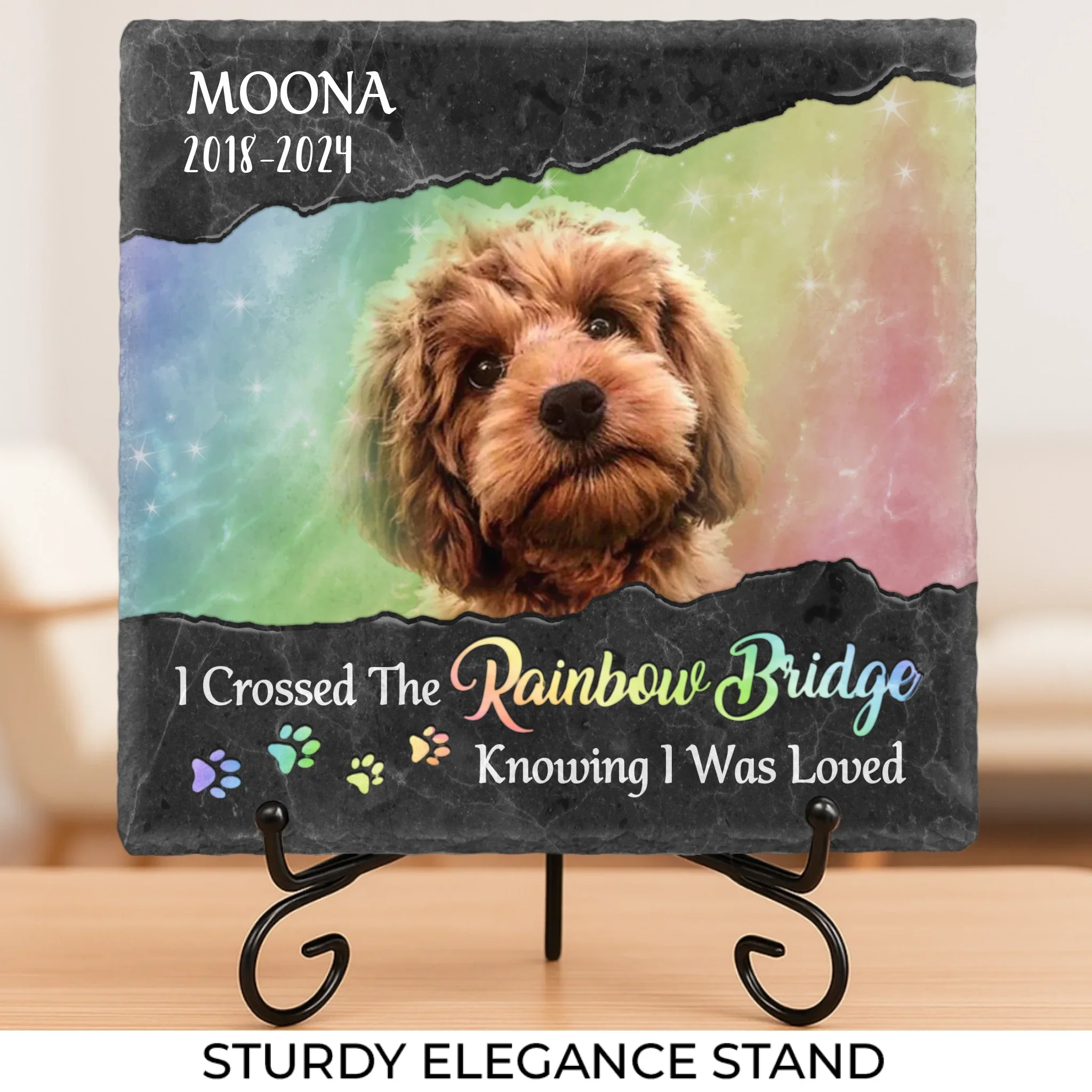 Custom Photo Waiting At The Rainbow Bridge - Memorial Personalized Custom Square Shaped Stone With Stand - Sympathy Gift For Pet Owners, Pet Lovers - Image 2