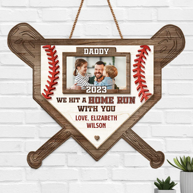 Custom Photo We Hit A Home Run With You - Family Personalized Custom Home Decor Wood Sign - House Warming Gift For Dad, Grandpa - Image 3