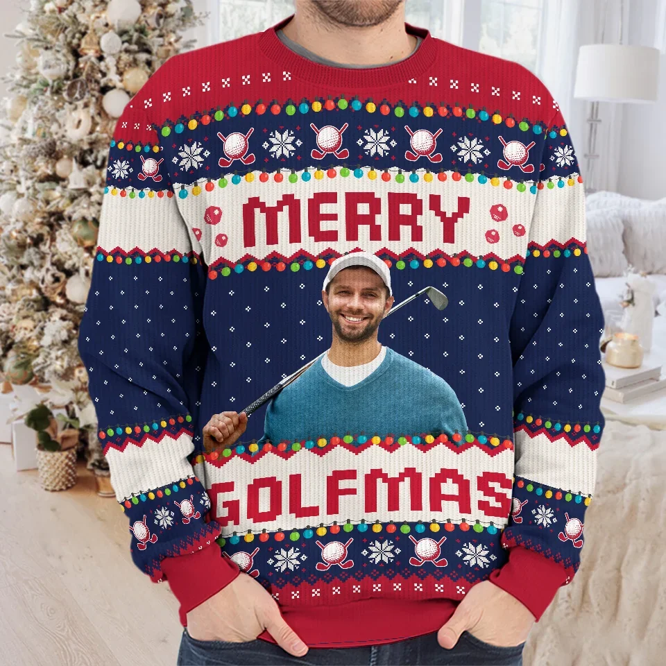 Custom Photo Wishing You Birdies And Holiday Cheer - Sport Personalized Custom Ugly Sweatshirt - Unisex Wool Jumper - Christmas Gift For Golf Players, Golf Lovers - Image 3