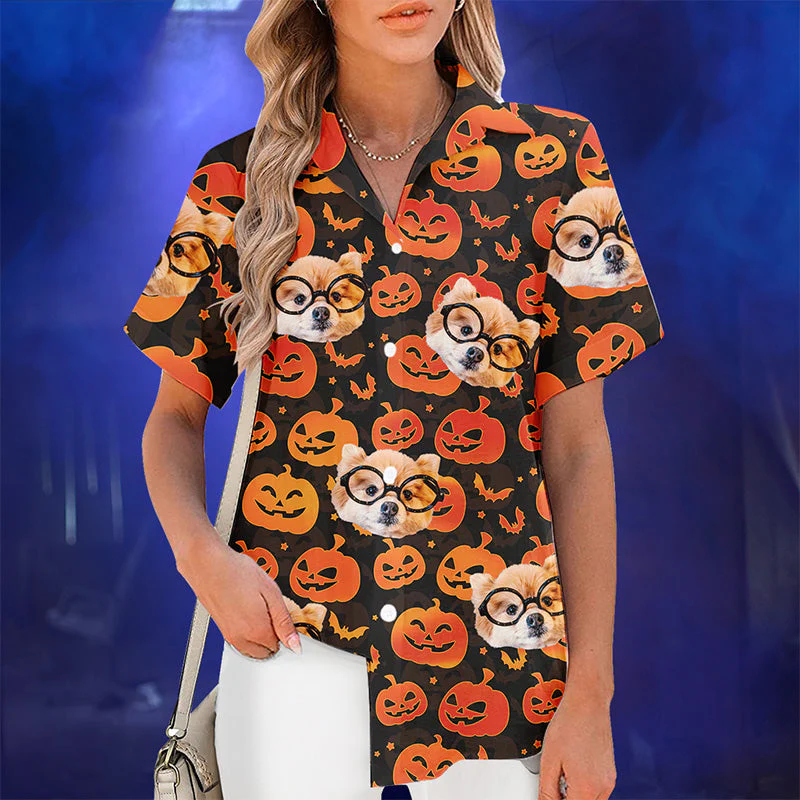 Custom Photo You Are The Cutest Pumpkin In The Patch - Family Personalized Custom Unisex Tropical Hawaiian Aloha Shirt - Halloween Gift For Family Members, Pet Owners, Pet Lovers - Image 3