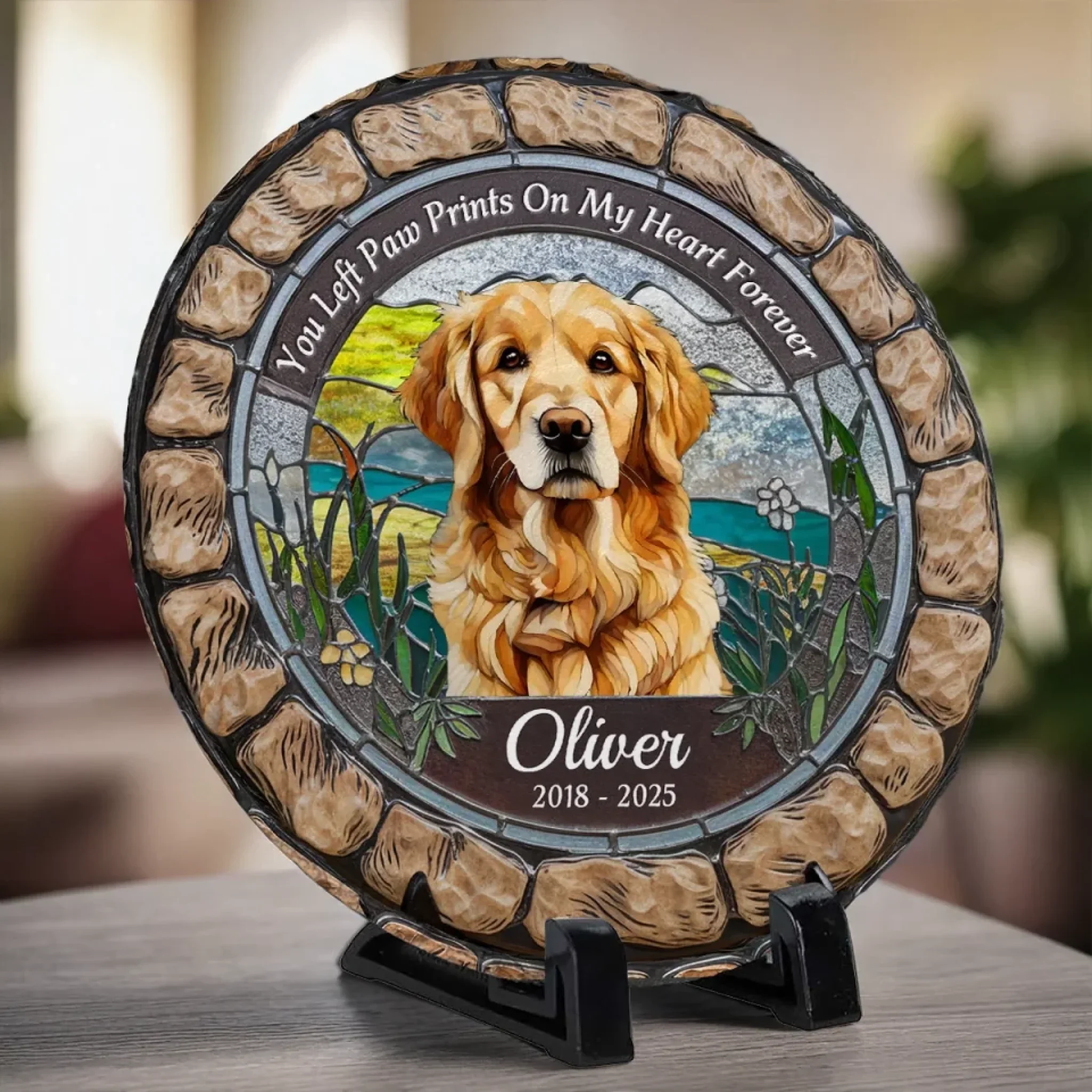 Custom Photo You Left Paw Prints On My Heart Forever - Memorial Personalized Custom 3D Mosaic Faux Stained Glass Print Round Shaped Memorial Stone - Sympathy Gift For Pet Owners, Pet Lovers - Image 4