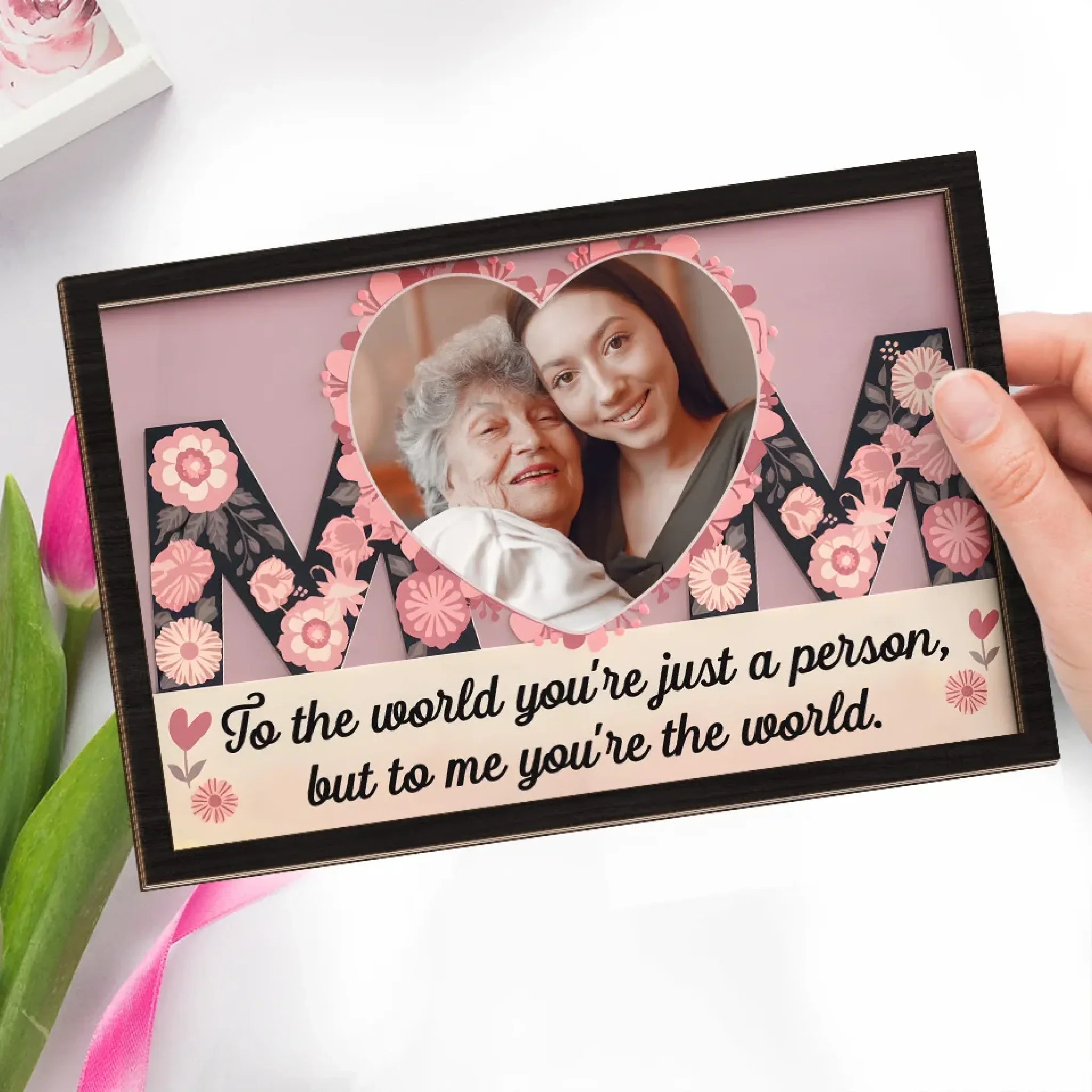 Custom Photo You Mean The World To Me - Family Personalized Custom 2-Layered Wooden Plaque With Stand - Gift For Mom, Daughter - Image 3