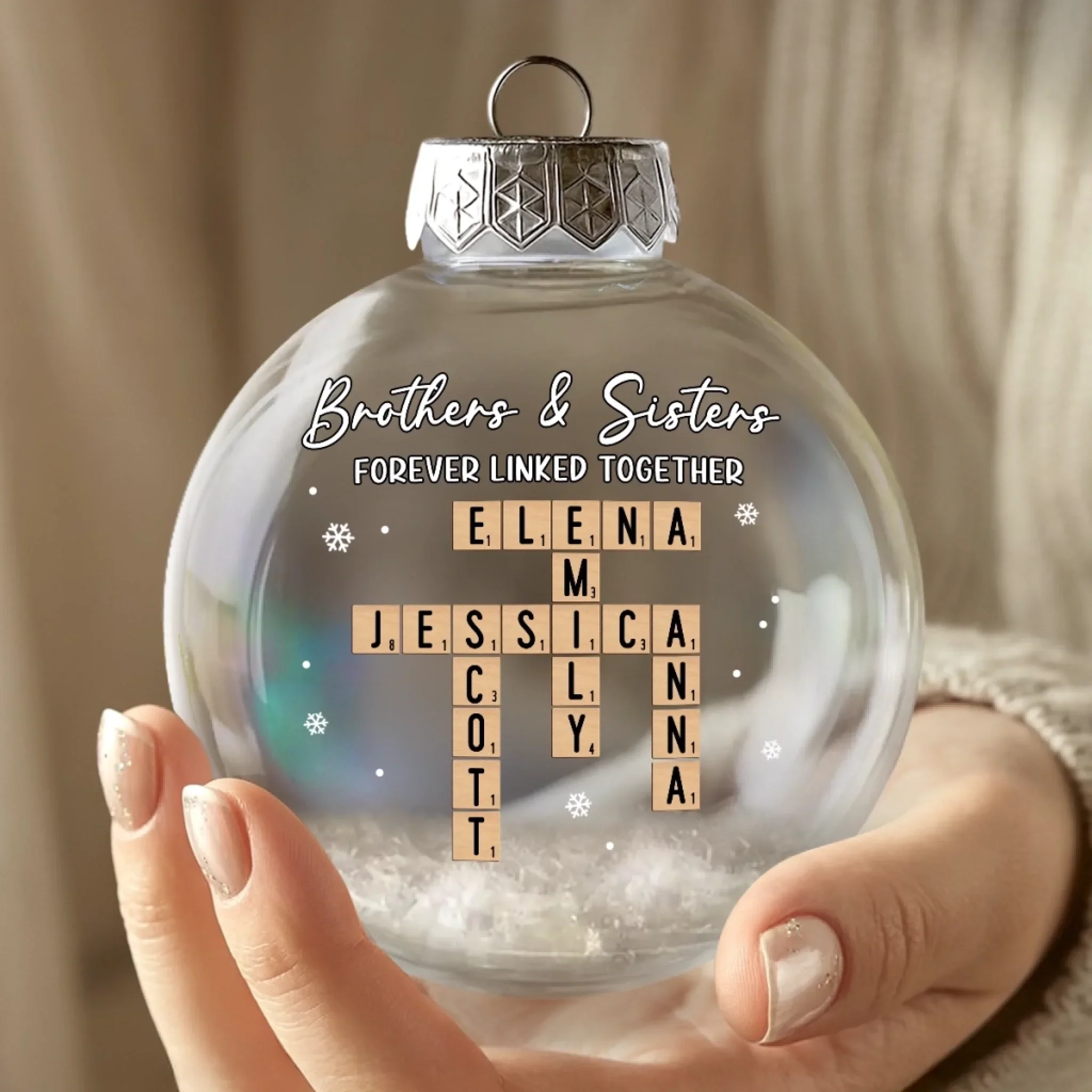 Custom Scrabble Snow-Filled Ball Ornament - Personalized Christmas Birthday Gifts For Brother, Sister - Love Wrapped Beneath - Image 5