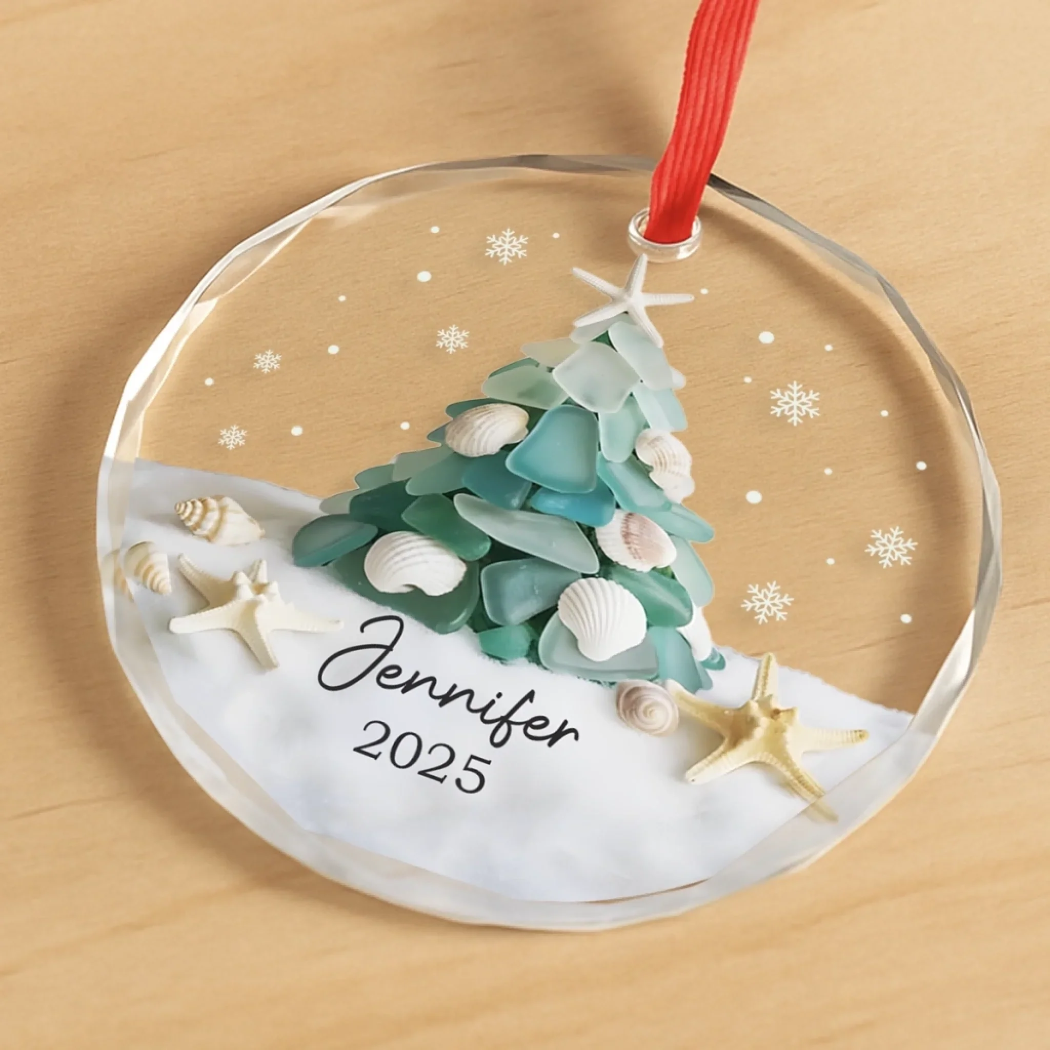 Custom Sea Glass Circle Glass Ornament - Personalized Christmas Birthday Gifts For Mom, Dad, Brother, Sister, Kids, Beach Lovers - Coastal Christmas Magic - Image 3