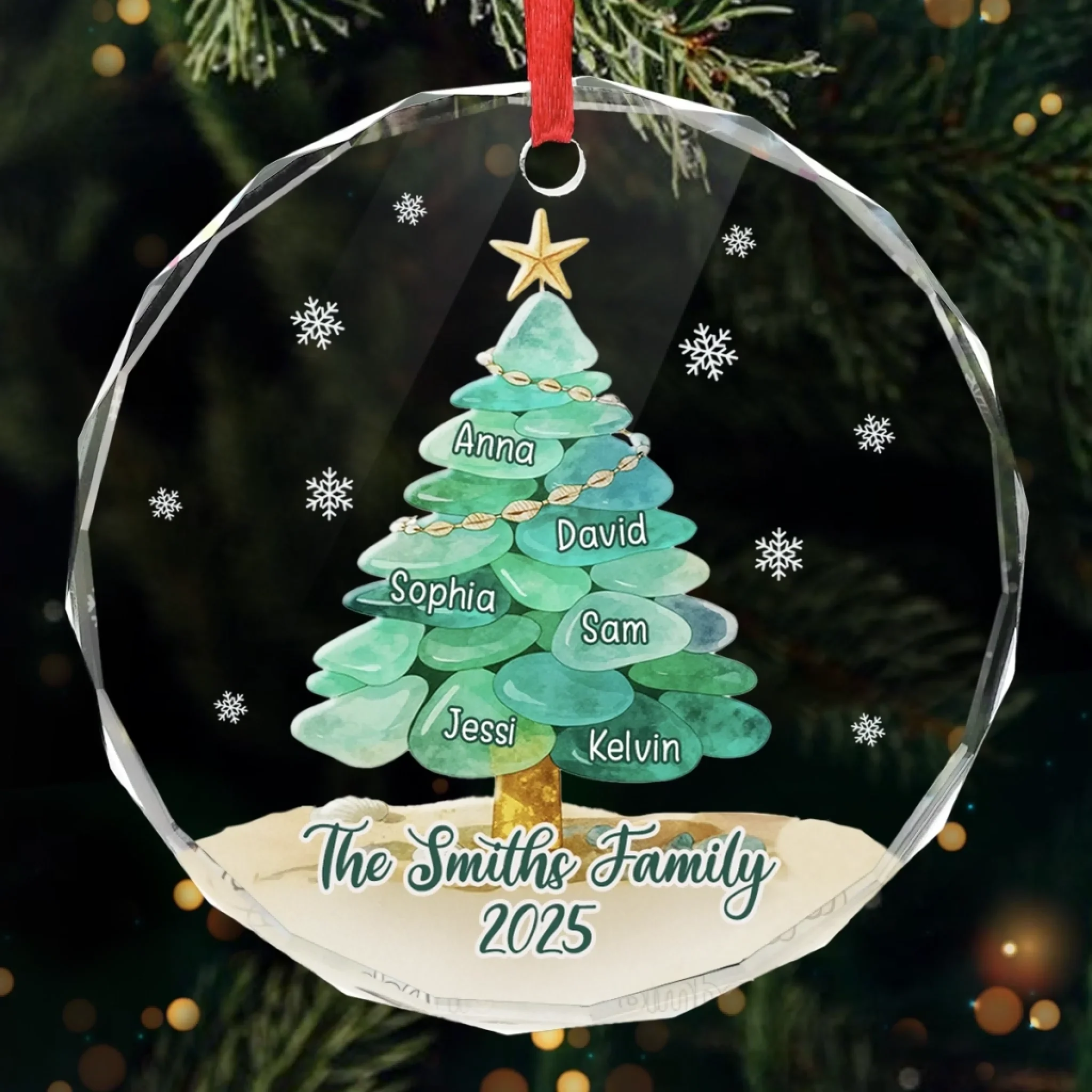 Custom Sea Glass Circle Glass Ornament -   Personalized Christmas Birthday Gifts For Mom, Dad, Brother, Sister, Kids, Beach Lovers - Peace By The Waves