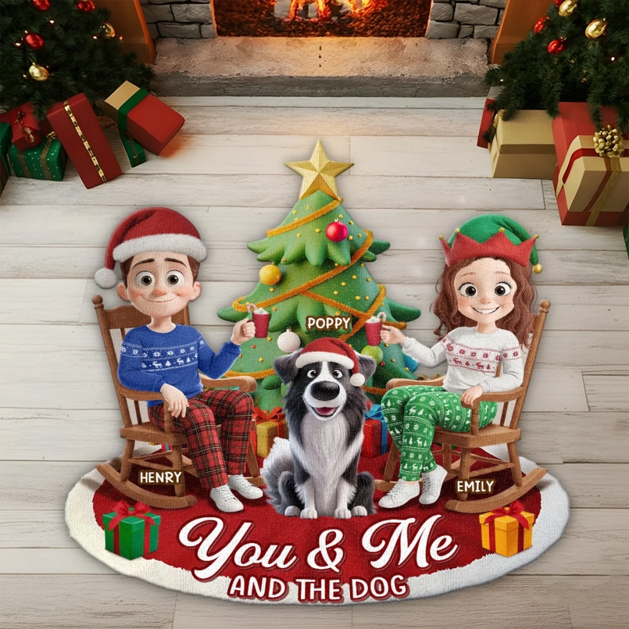 Custom Shaped Doormat - Personalized Anniversary Christmas Wedding Gifts For Husband And Wife, Dog Cat Lovers - Just Us, The Tree And The Dog