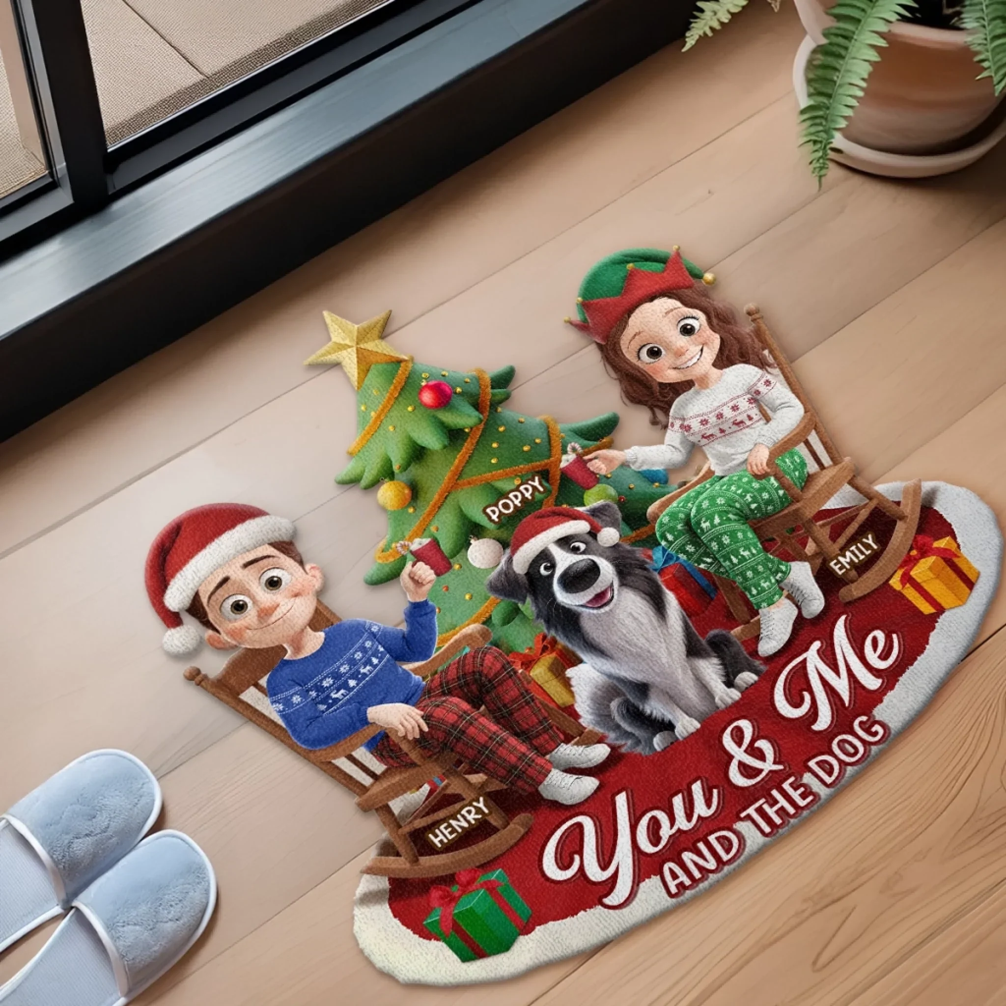Custom Shaped Doormat - Personalized Anniversary Christmas Wedding Gifts For Husband And Wife, Dog Cat Lovers - Just Us, The Tree And The Dog - Image 3