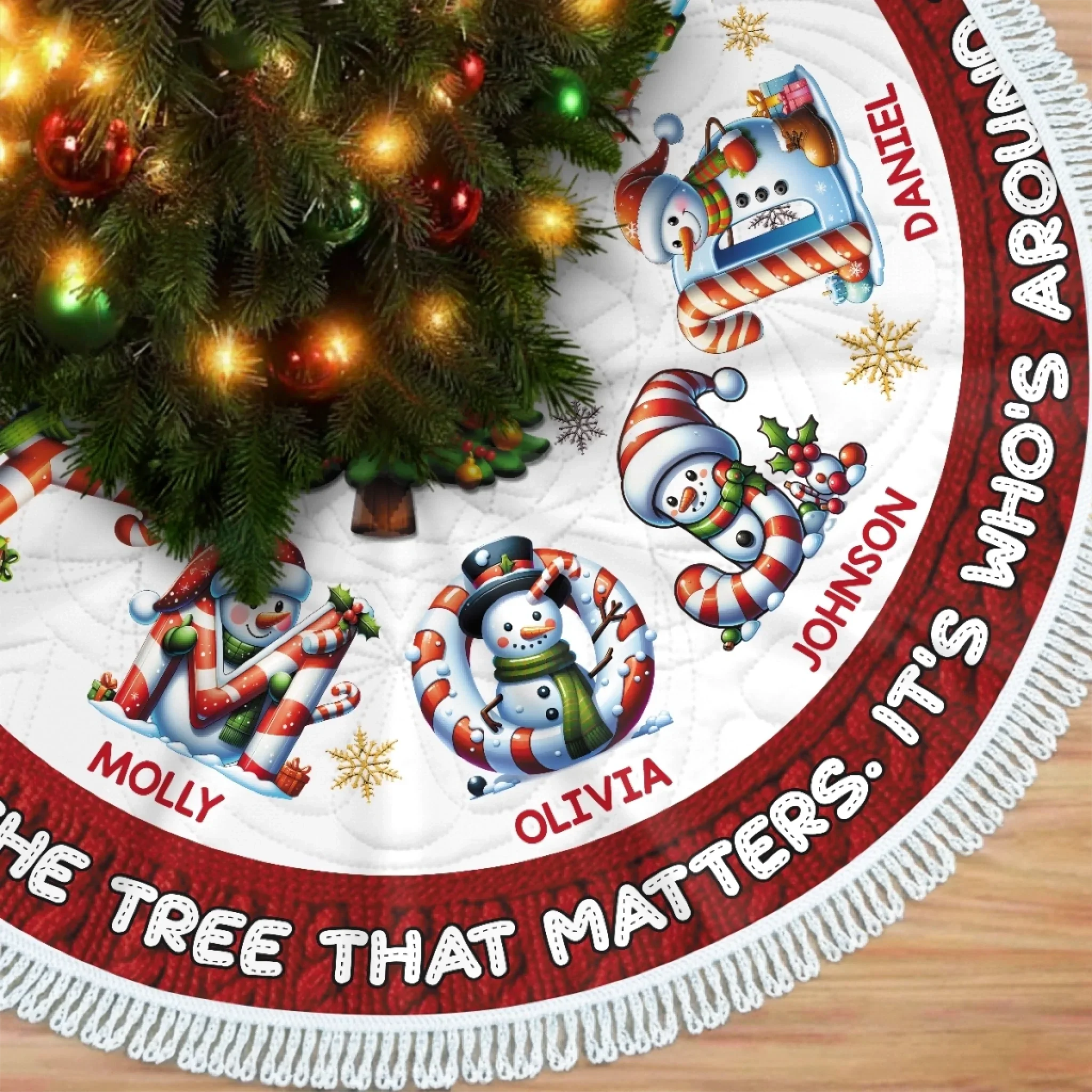 Custom Snowman Tree Skirt - Personalized Christmas Birthday Gifts For Mom, Dad, Brother, Sister, Kids - Hugs Beneath The Tree - Image 3