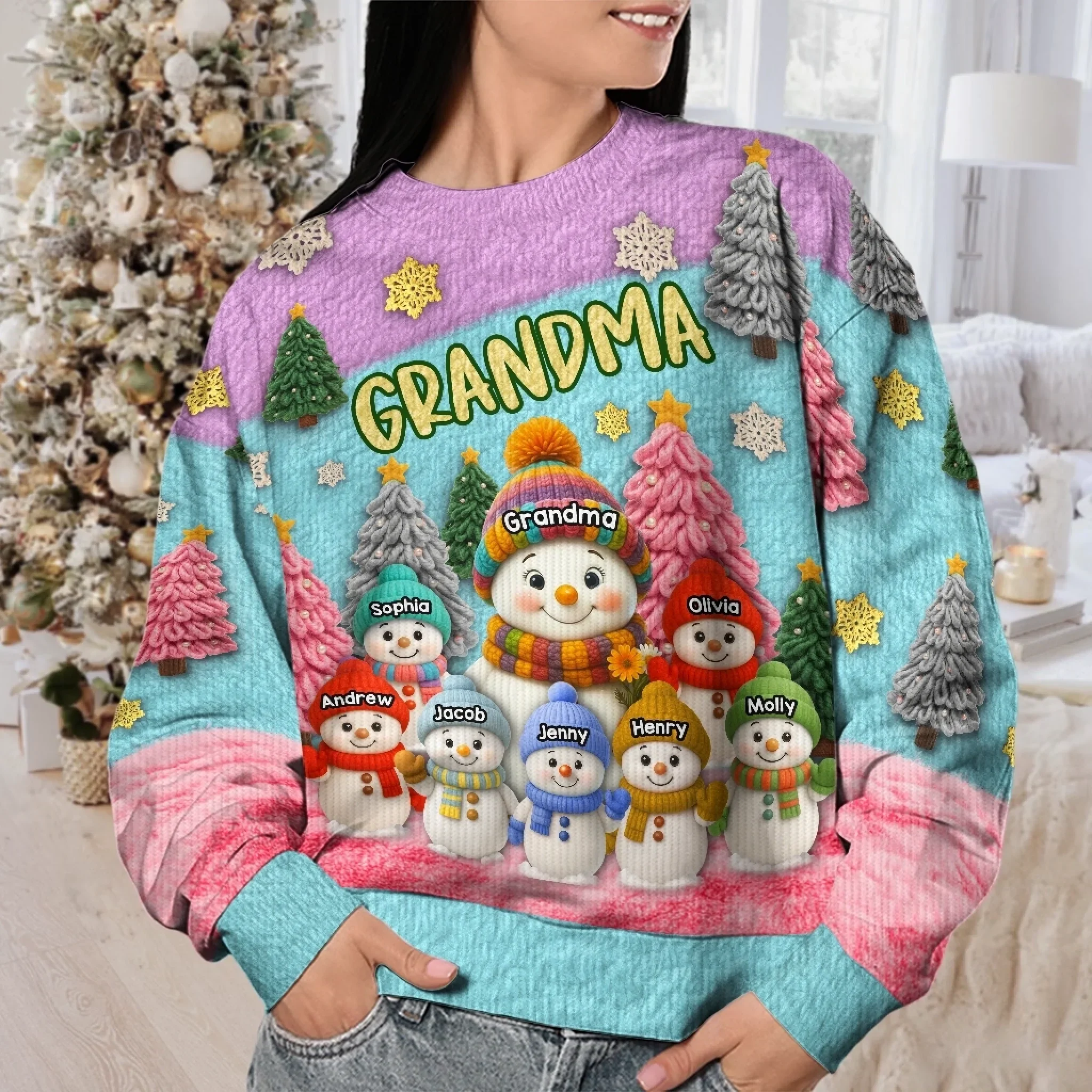 Custom Snowman Unisex Ugly Sweatshirt - Personalized Christmas Birthday Gifts For Mom, Grandma - Together We Shine This Christmas - Image 3