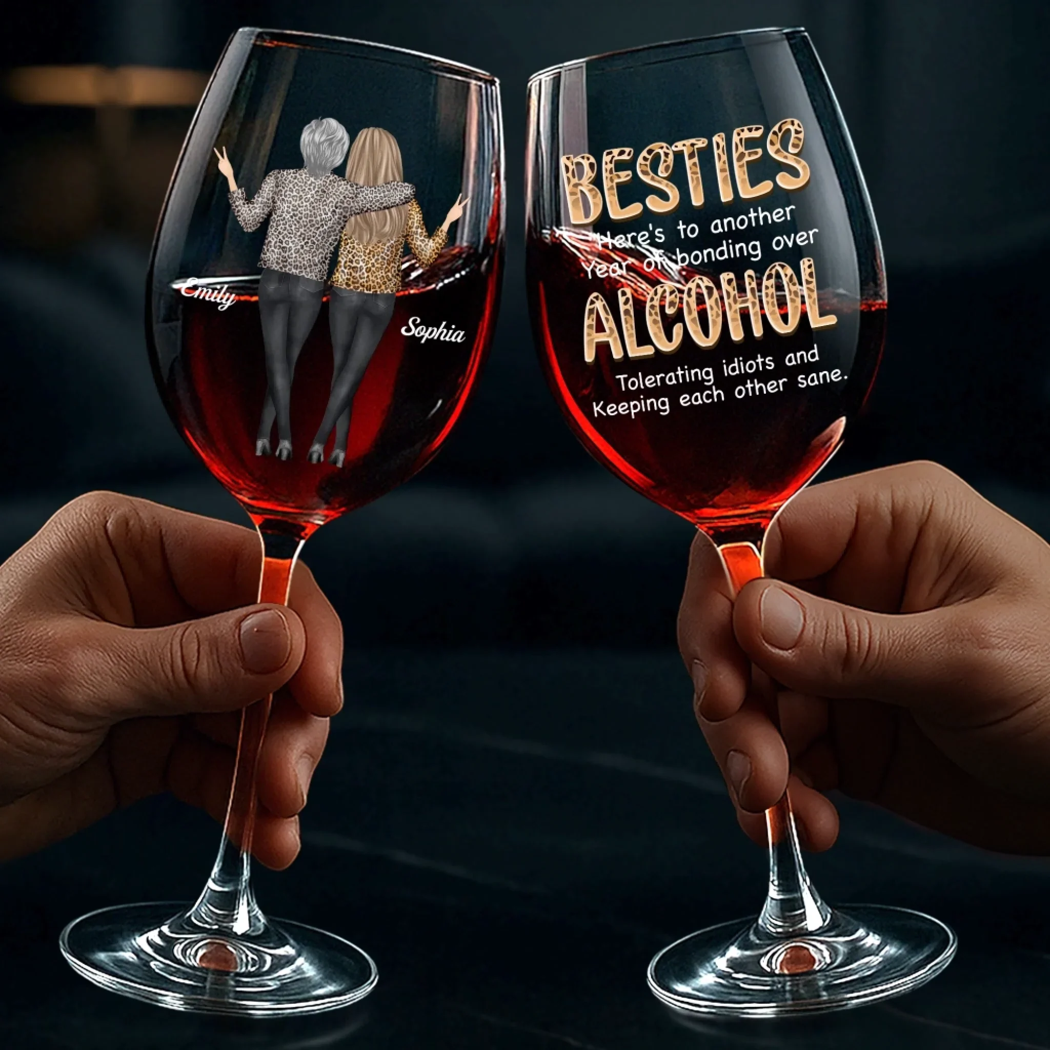 Custom Stemmed Wine Glass - Personalized Best Friend Birthday Gifts For Women, Besties, Sisters, BFF - Sip Happens, Besties Forever - Image 3