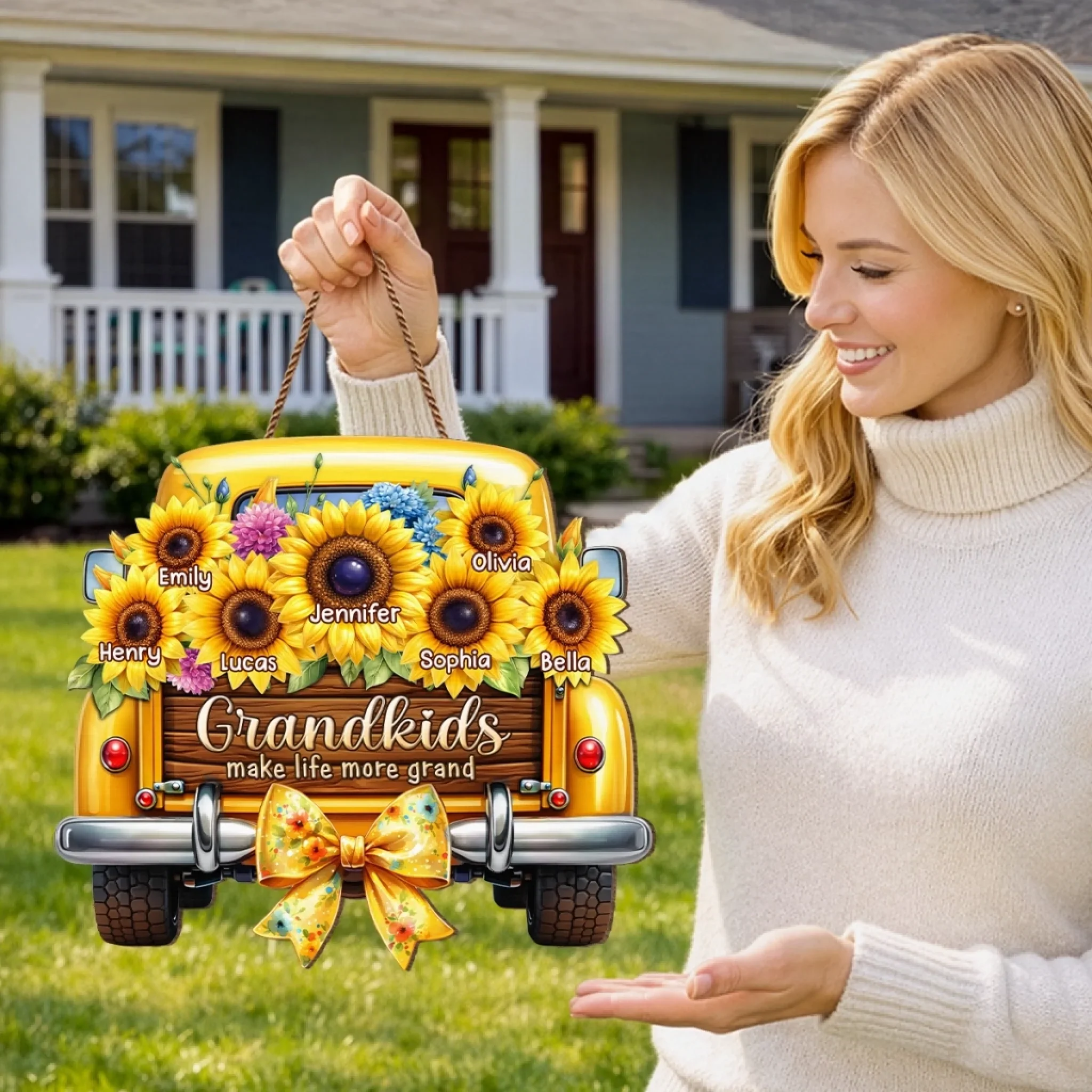 Custom Sunflower Wood Sign - Personalized Mother's Day Birthday Gifts For Mom, Grandma - Grandkids Make Every Trip Golden - Image 4