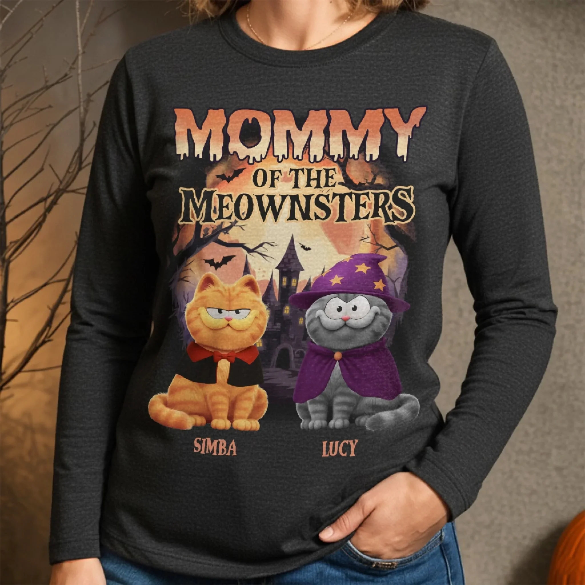 Custom Unisex Long Sleeve T-Shirt - Personalized Halloween Birthday Gifts For Cat Lovers, Cat Mom And Dad - The Purrfect Nightmare - Image 4