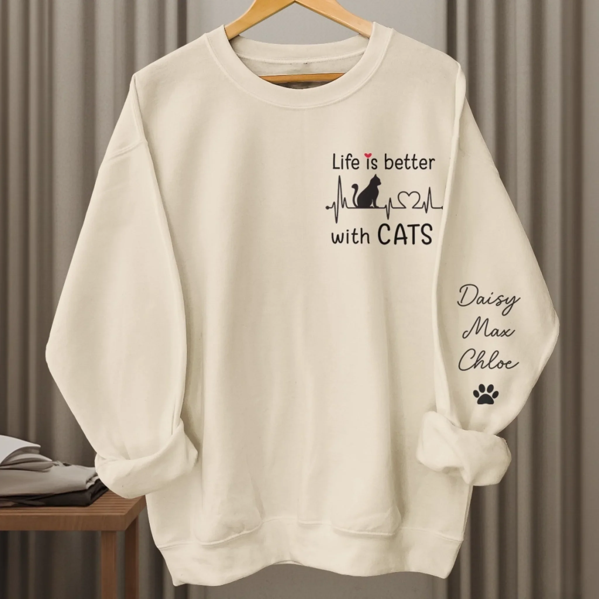 Custom Unisex Sweatshirt, Hoodie With Design On Sleeve - Personalized Christmas Birthday Gifts For Cat Lovers, Cat Mom And Dad - My Therapist Has Whiskers - Image 4